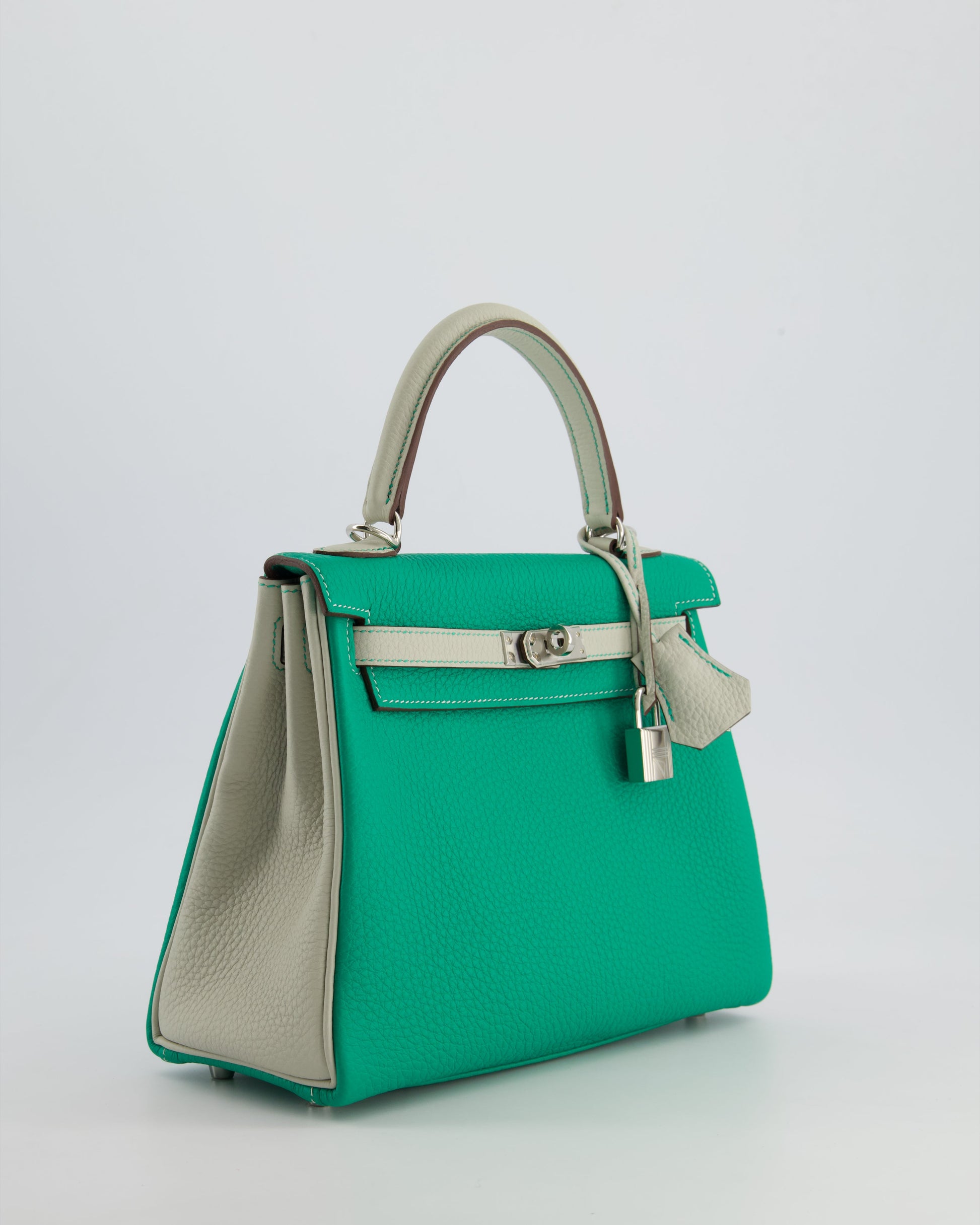 Hermes HSS Kelly Retourne Bi-Colour 25cm Bag in Vert Vertigo & Gris Perle Togo Leather with Palladium Hardware & Contrast Stitching