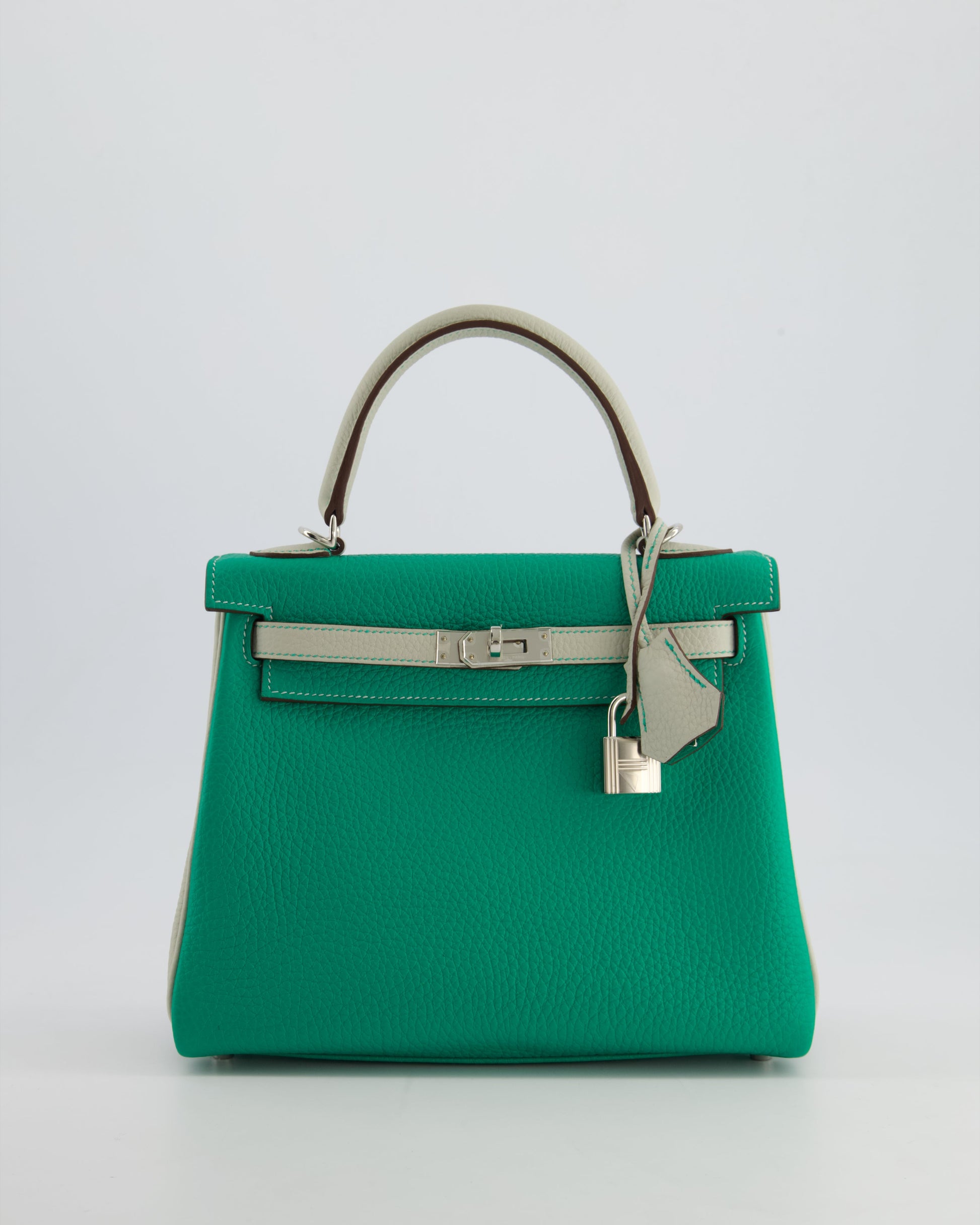 Hermes HSS Kelly Retourne Bi-Colour 25cm Bag in Vert Vertigo & Gris Perle Togo Leather with Palladium Hardware & Contrast Stitching