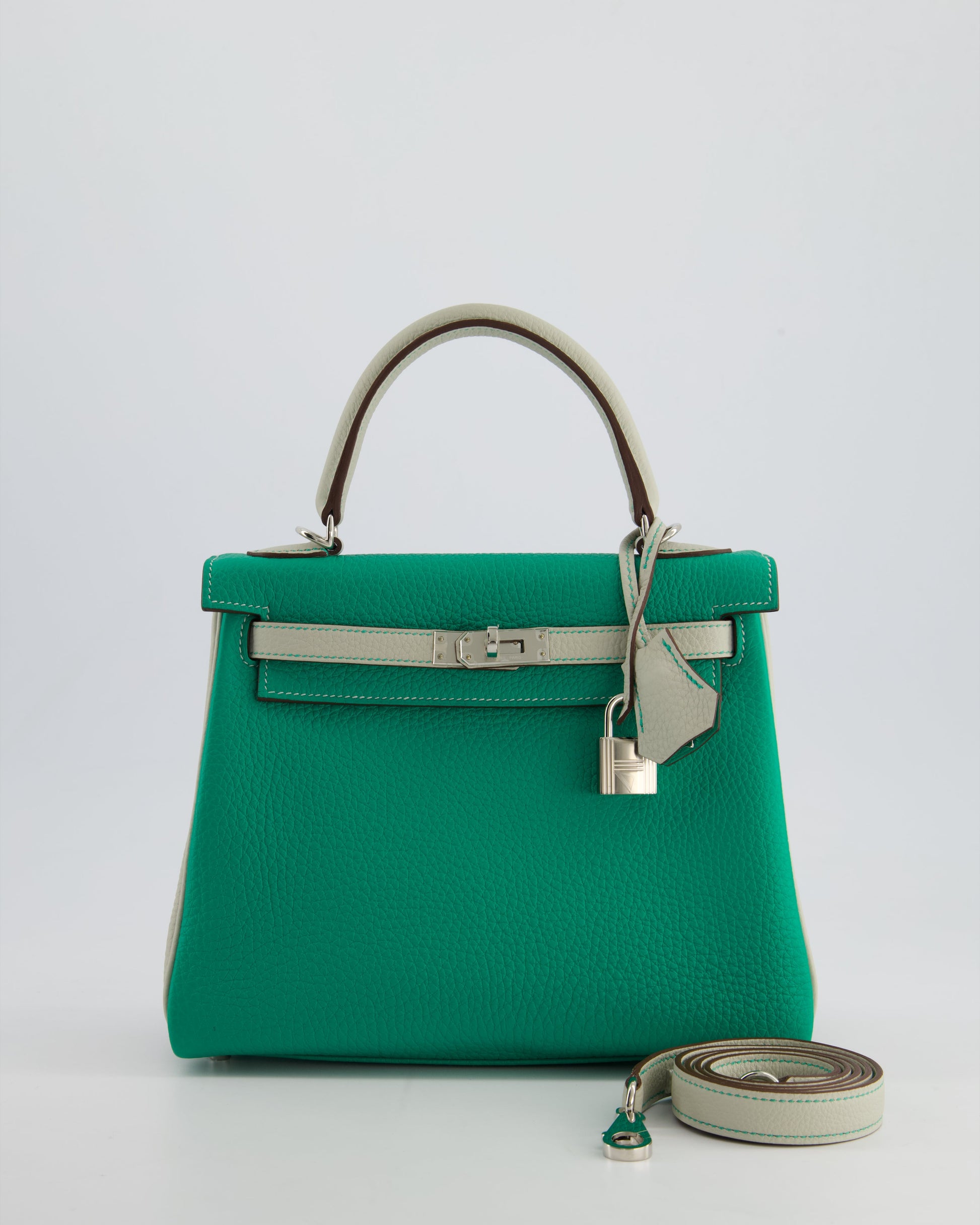 Hermes HSS Kelly Retourne Bi-Colour 25cm Bag in Vert Vertigo & Gris Perle Togo Leather with Palladium Hardware & Contrast Stitching