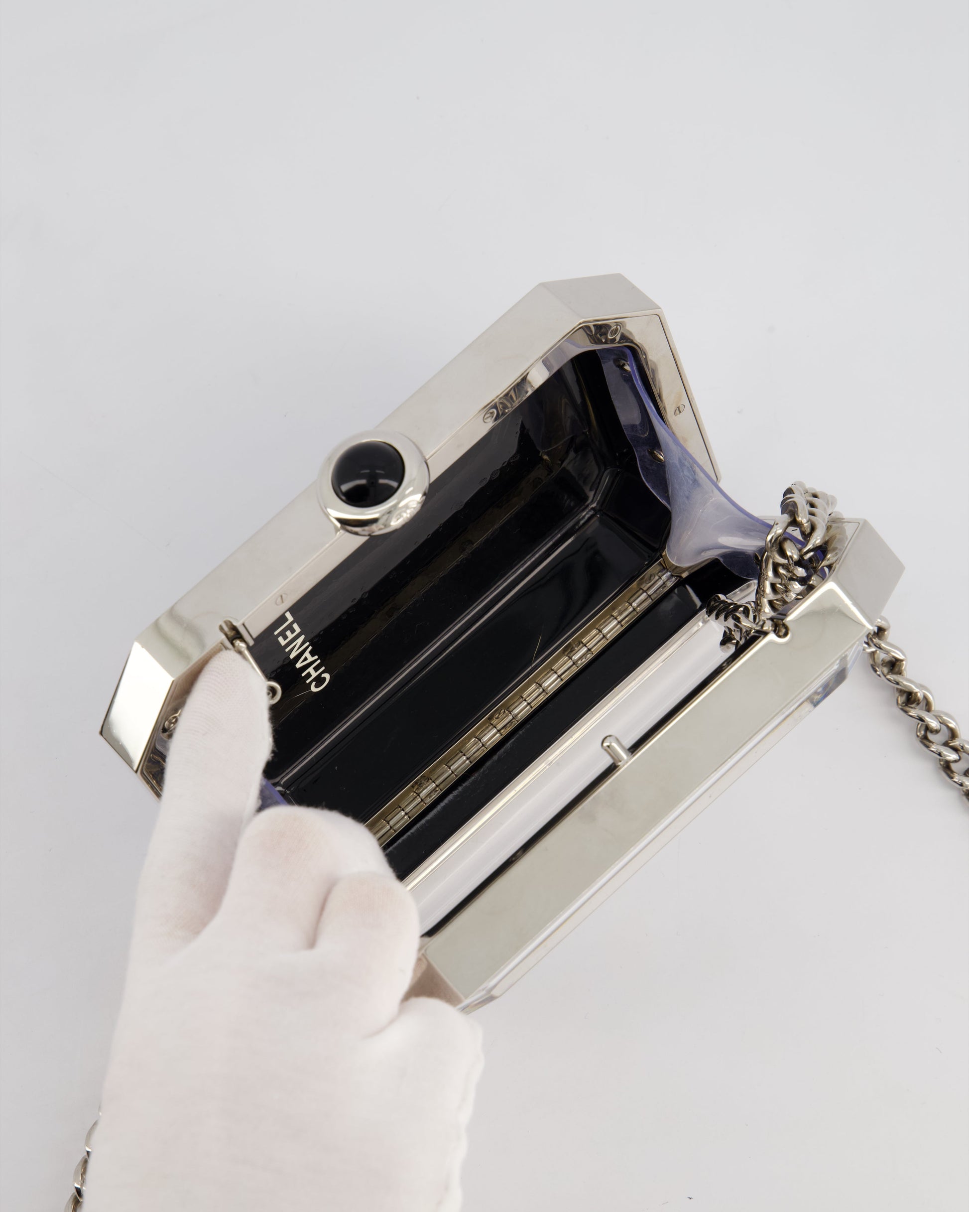 *Chanel Silver, Black Minaudiere Plexiglass Clutch Bag