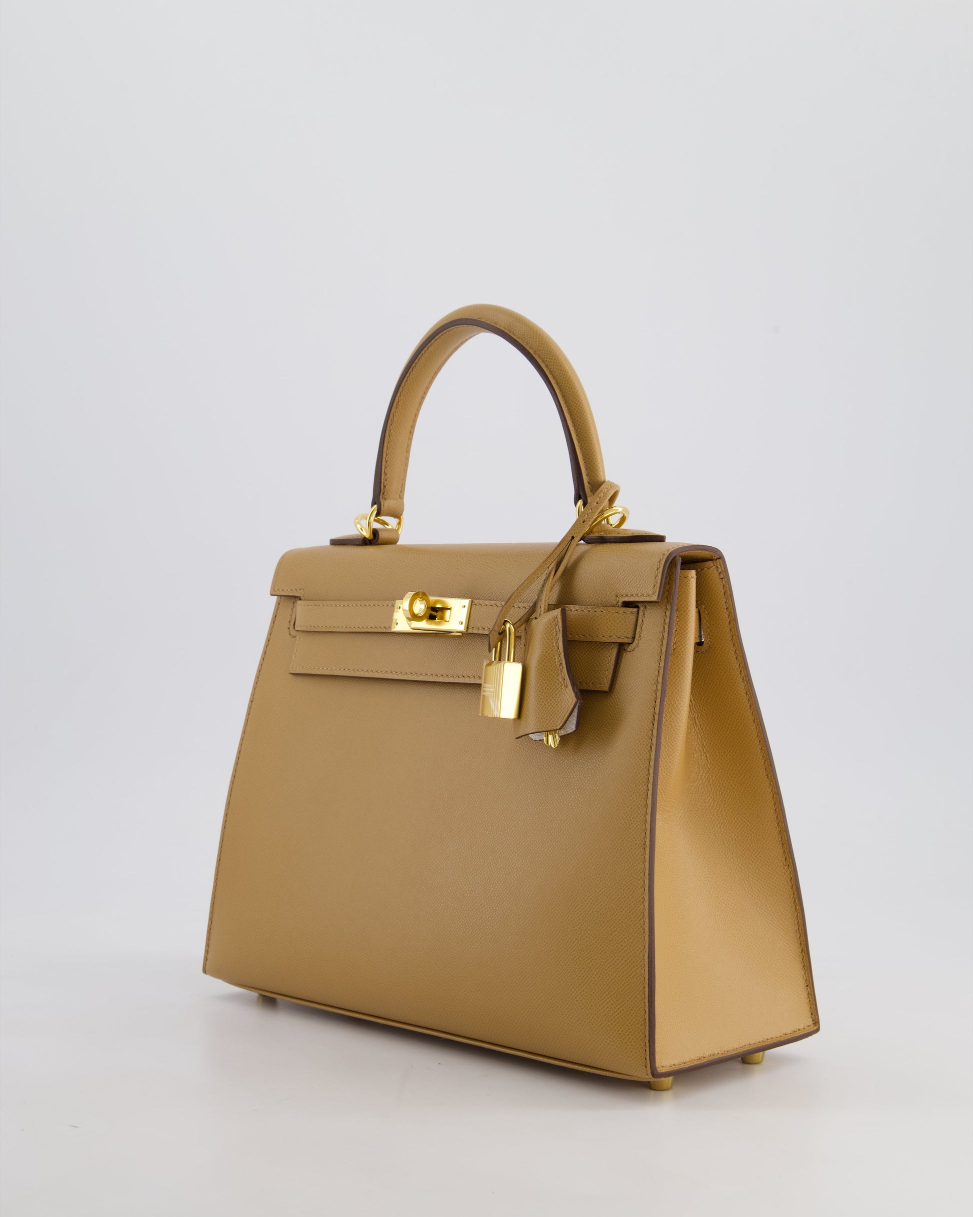 Hermes Verso Kelly Sellier 25cm Bag in Biscuit Madame Leather, Blanc Interior with Gold Hardware