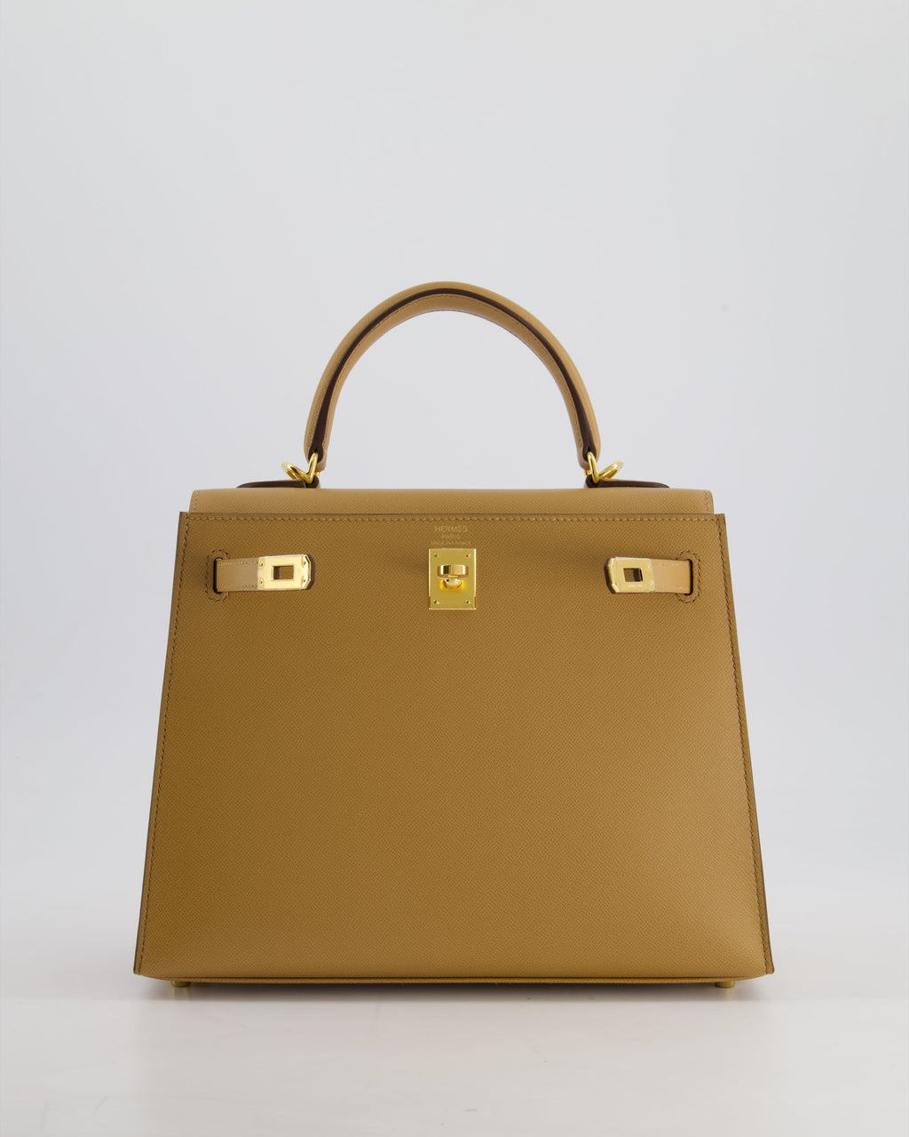 Hermes Verso Kelly Sellier 25cm Bag in Biscuit Madame Leather, Blanc Interior with Gold Hardware