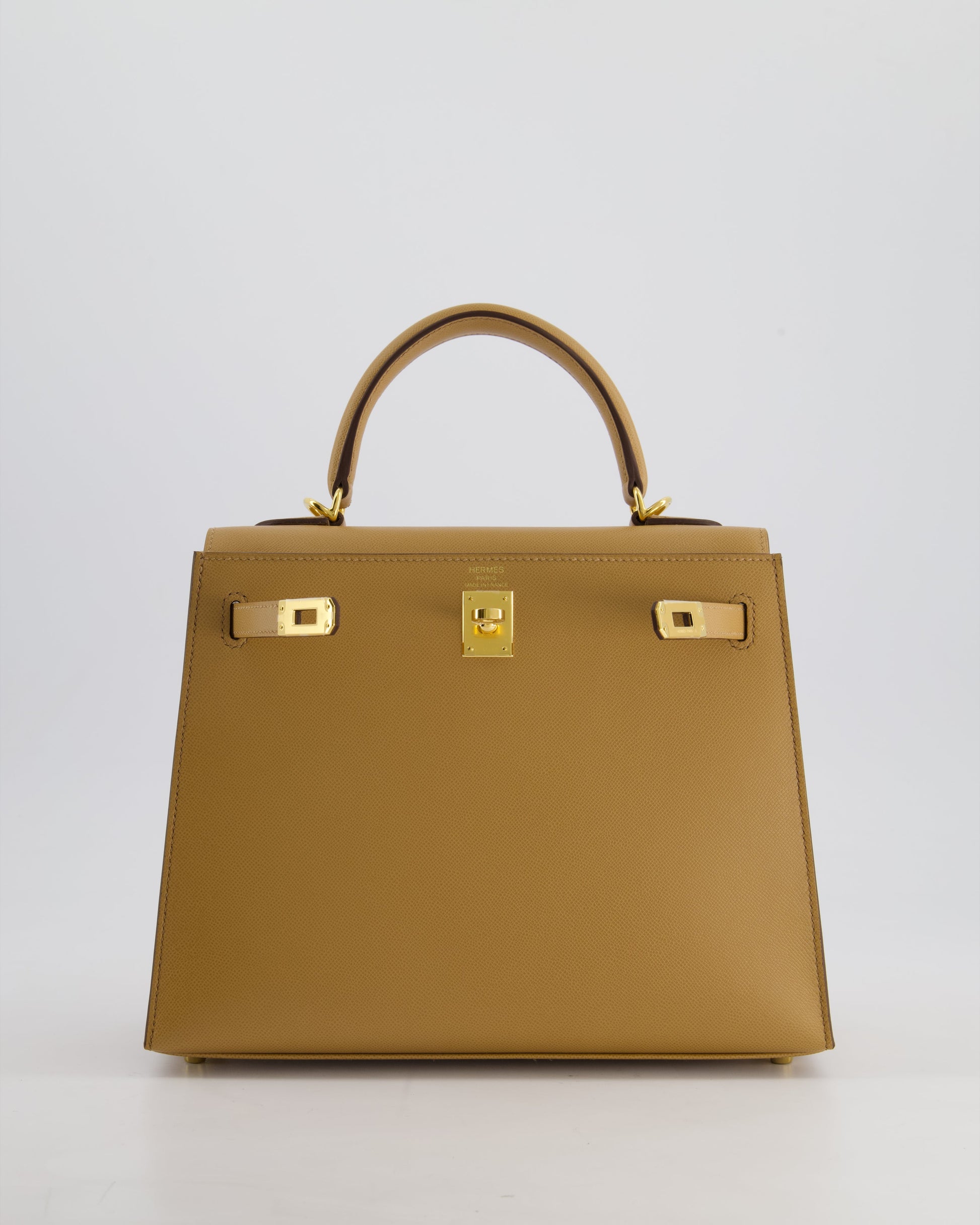 Hermes Verso Kelly Sellier 25cm Bag in Biscuit Madame Leather, Blanc Interior with Gold Hardware