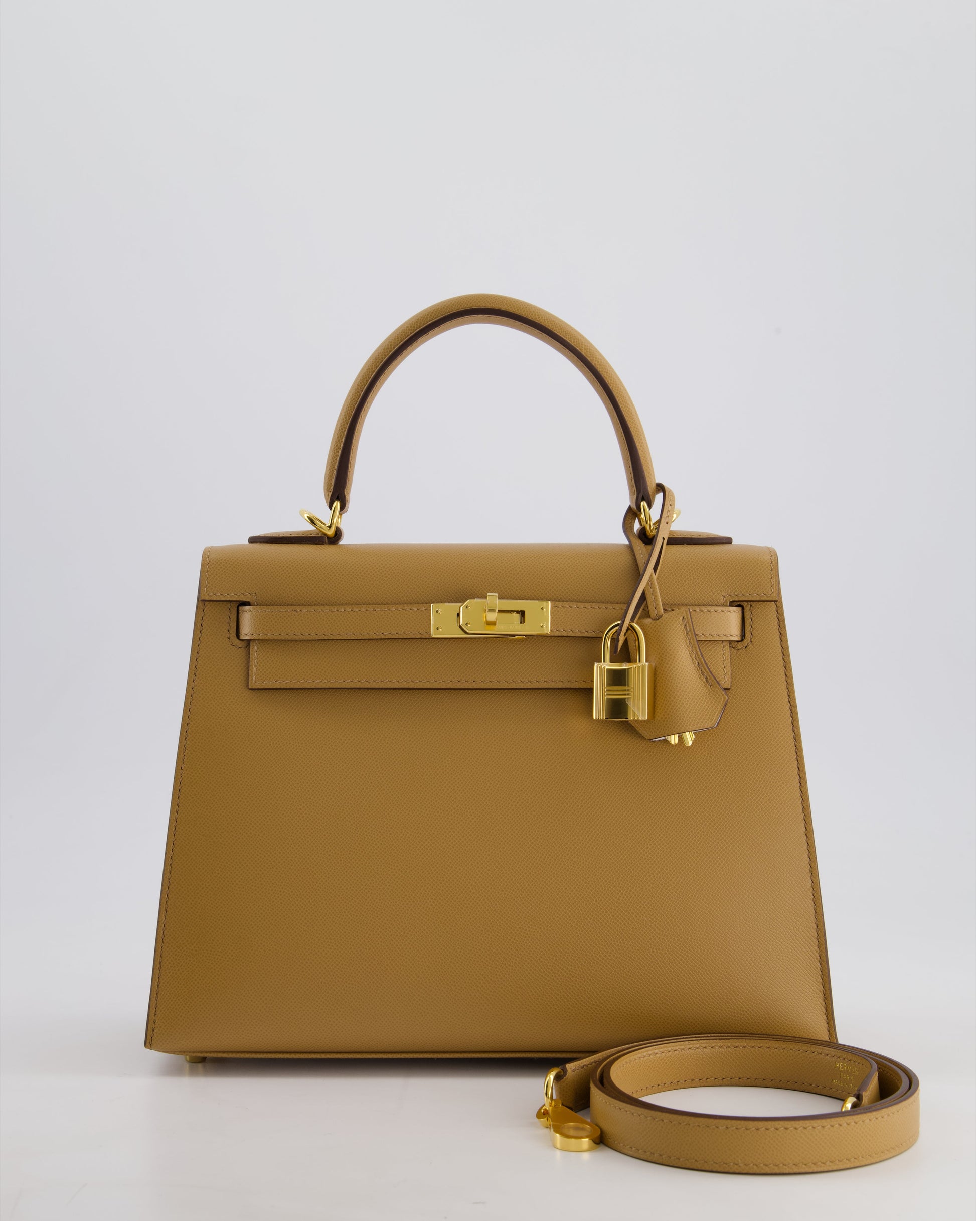 Hermes Verso Kelly Sellier 25cm Bag in Biscuit Madame Leather, Blanc Interior with Gold Hardware