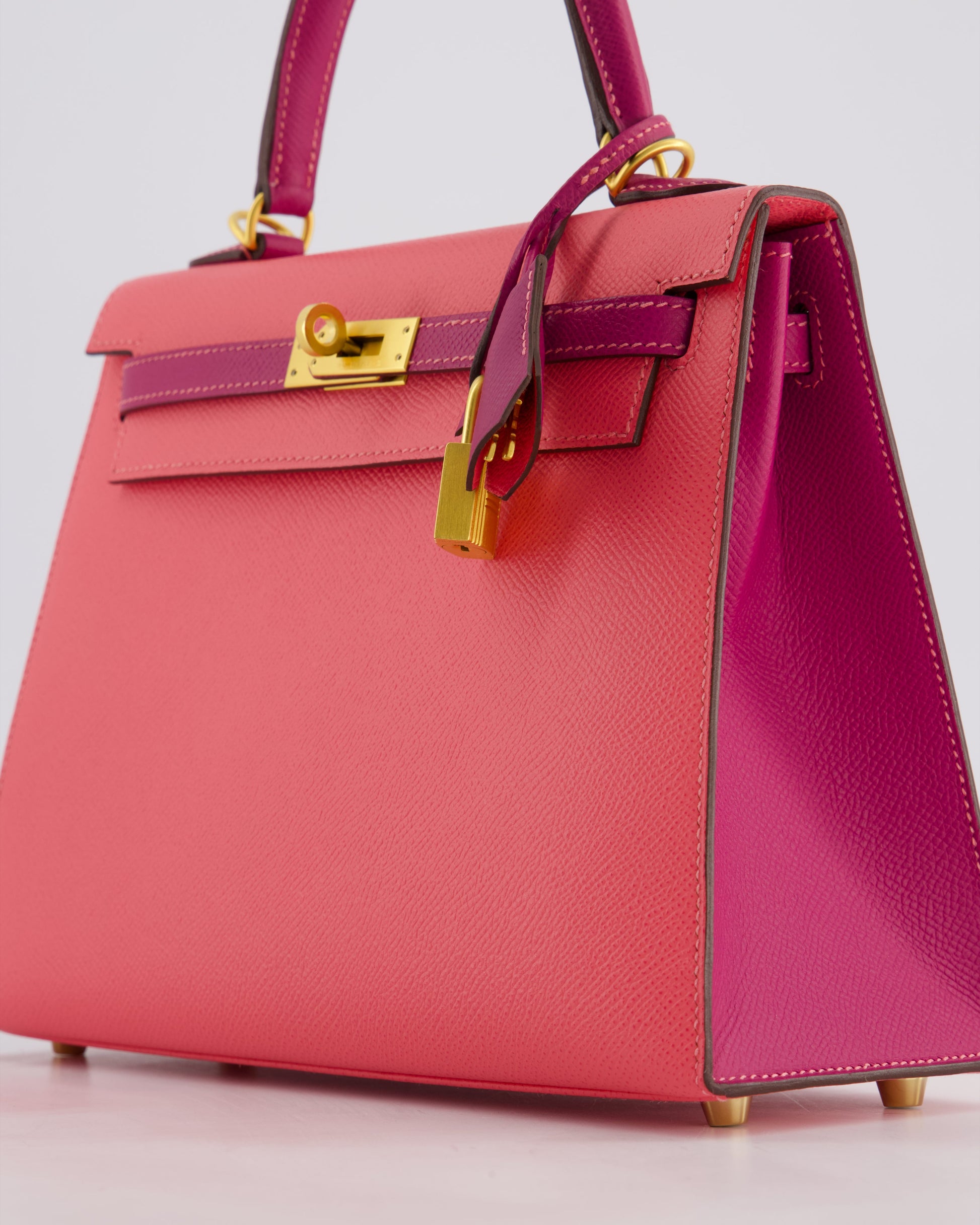 Hermes Kelly Sellier HSS 25cm Bag in Rose Azalee and Rose Pourpre Epsom Leather with Brushed Gold Hardware
