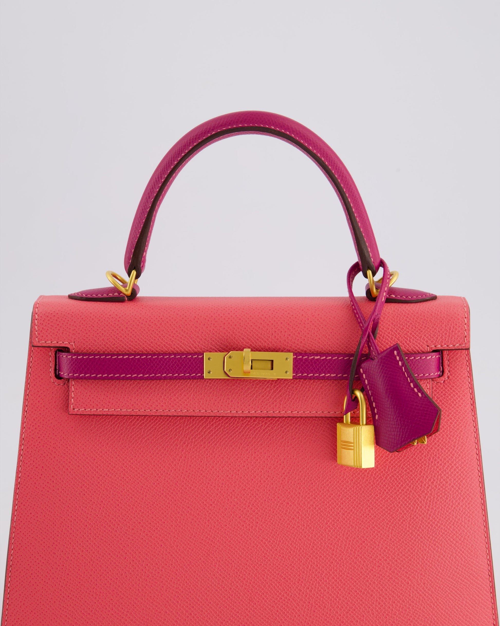 Hermes Kelly Sellier HSS 25cm Bag in Rose Azalee and Rose Pourpre Epsom Leather with Brushed Gold Hardware