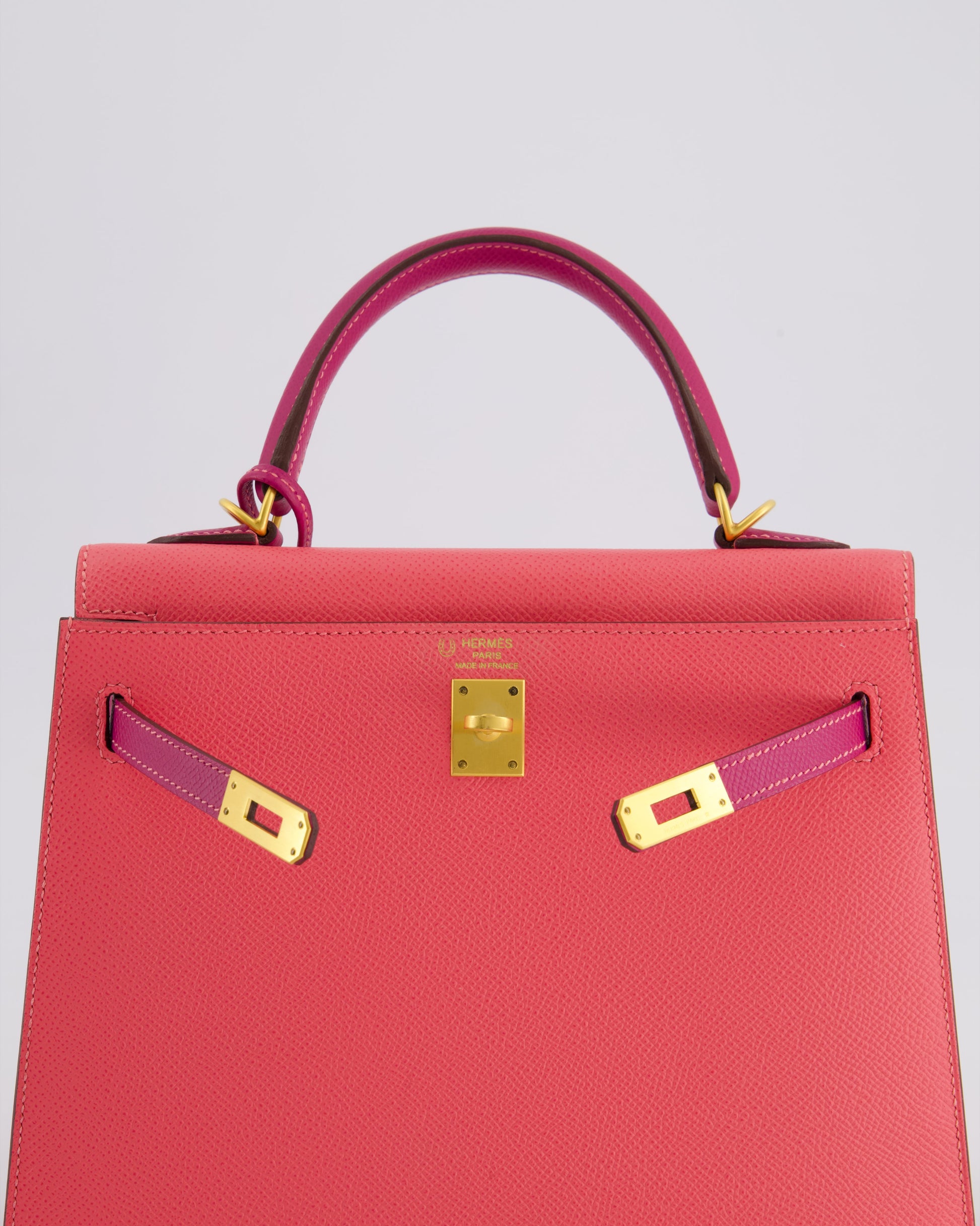 Hermes Kelly Sellier HSS 25cm Bag in Rose Azalee and Rose Pourpre Epsom Leather with Brushed Gold Hardware