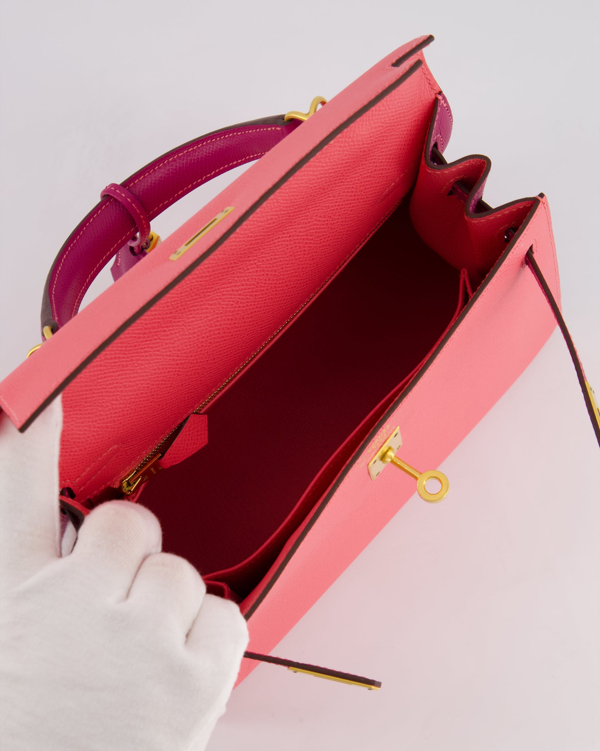 Hermes Kelly Sellier HSS 25cm Bag in Rose Azalee and Rose Pourpre Epsom Leather with Brushed Gold Hardware