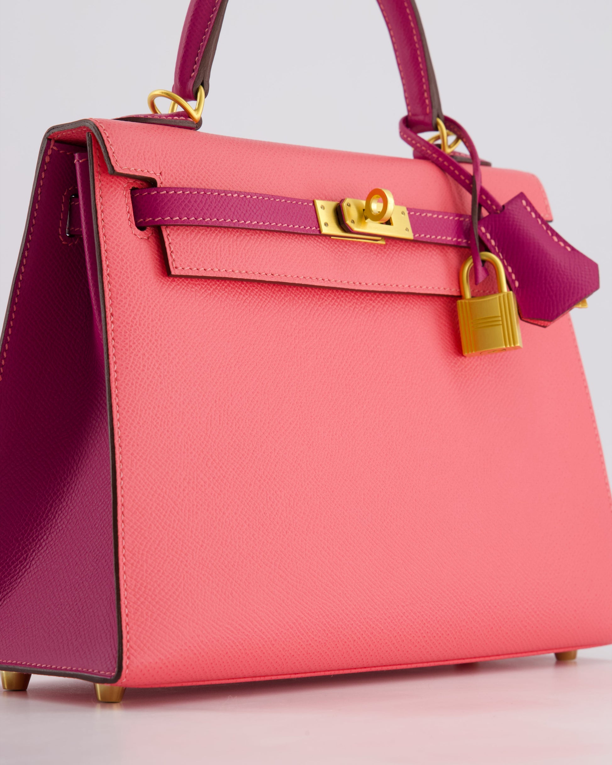 Hermes Kelly Sellier HSS 25cm Bag in Rose Azalee and Rose Pourpre Epsom Leather with Brushed Gold Hardware