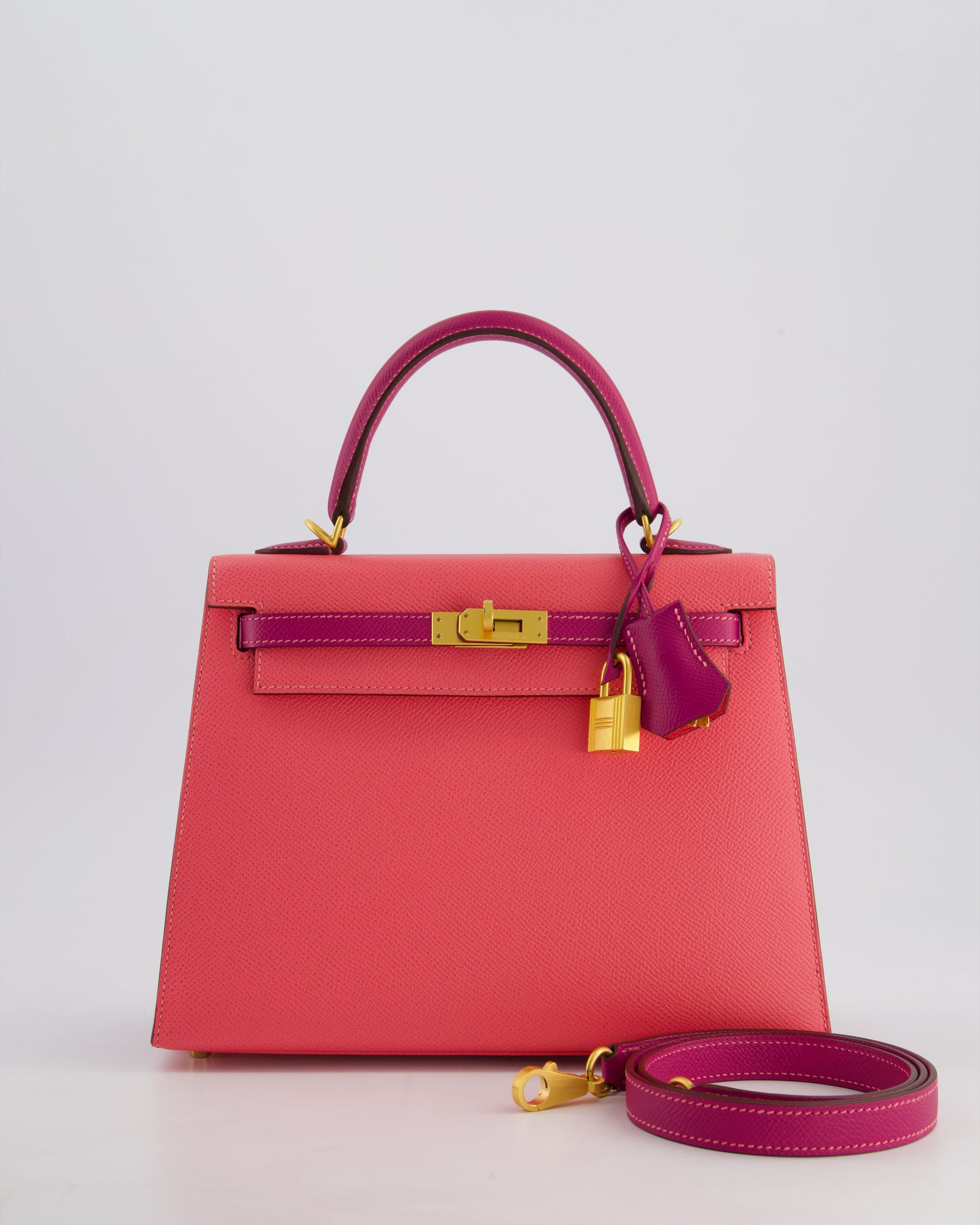 Hermes Kelly Sellier HSS 25cm Bag in Rose Azalee and Rose Pourpre Epsom Leather with Brushed Gold Hardware