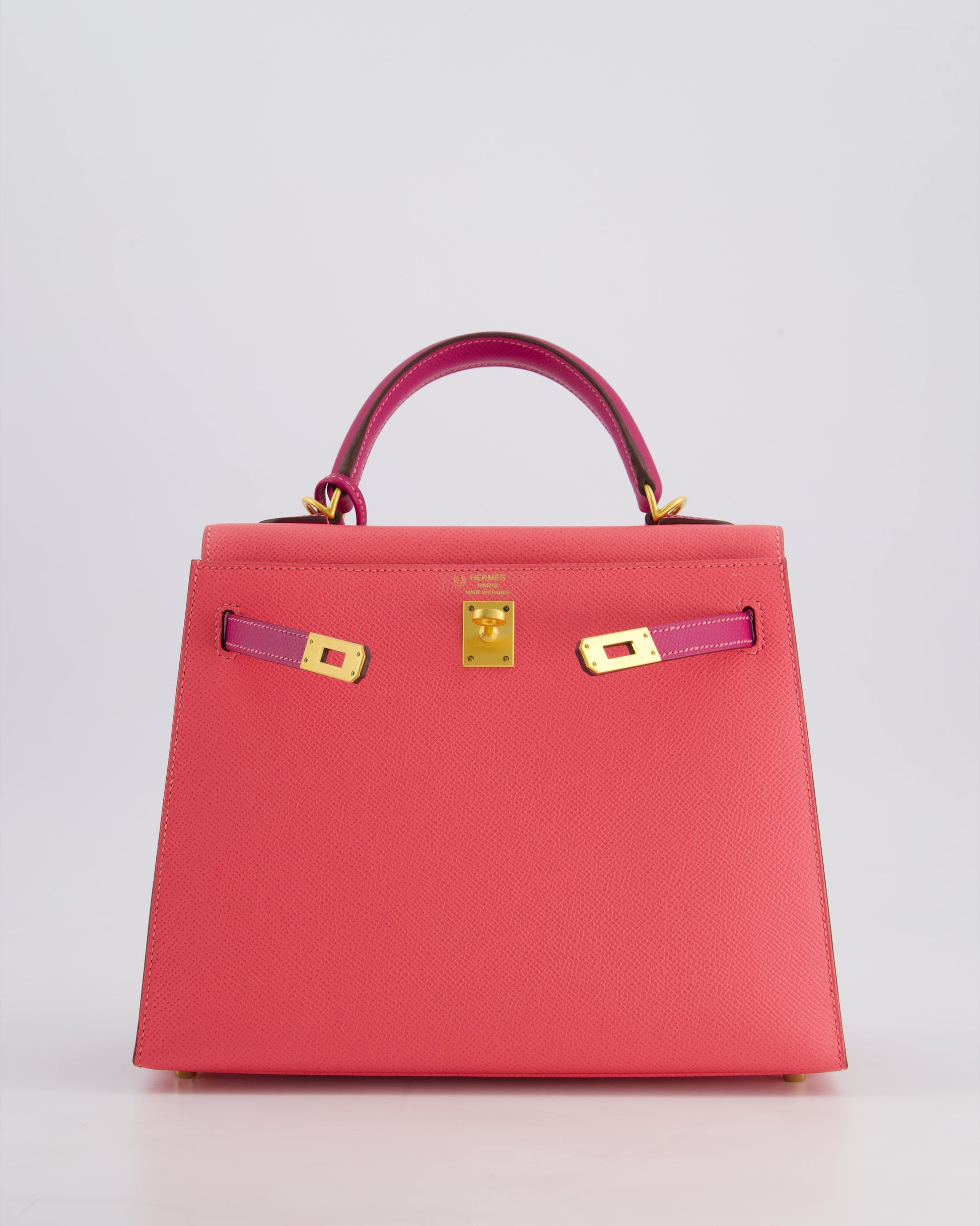 Hermes Kelly Sellier HSS 25cm Bag in Rose Azalee and Rose Pourpre Epsom Leather with Brushed Gold Hardware