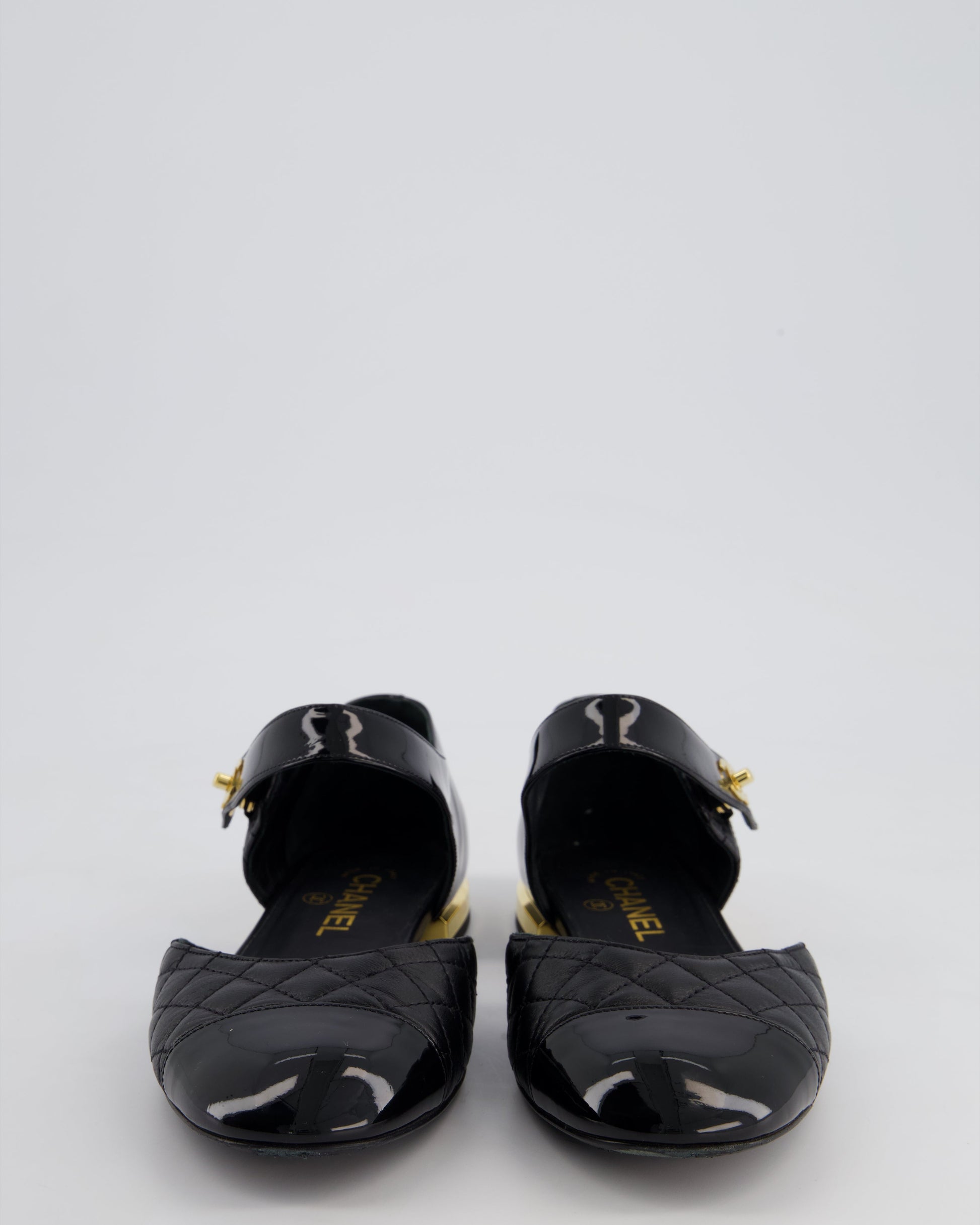 Chanel Black and Gold Metallic Leather Flat Shoes with Ankle Strap and CC Logo Clasp Size EU 39C