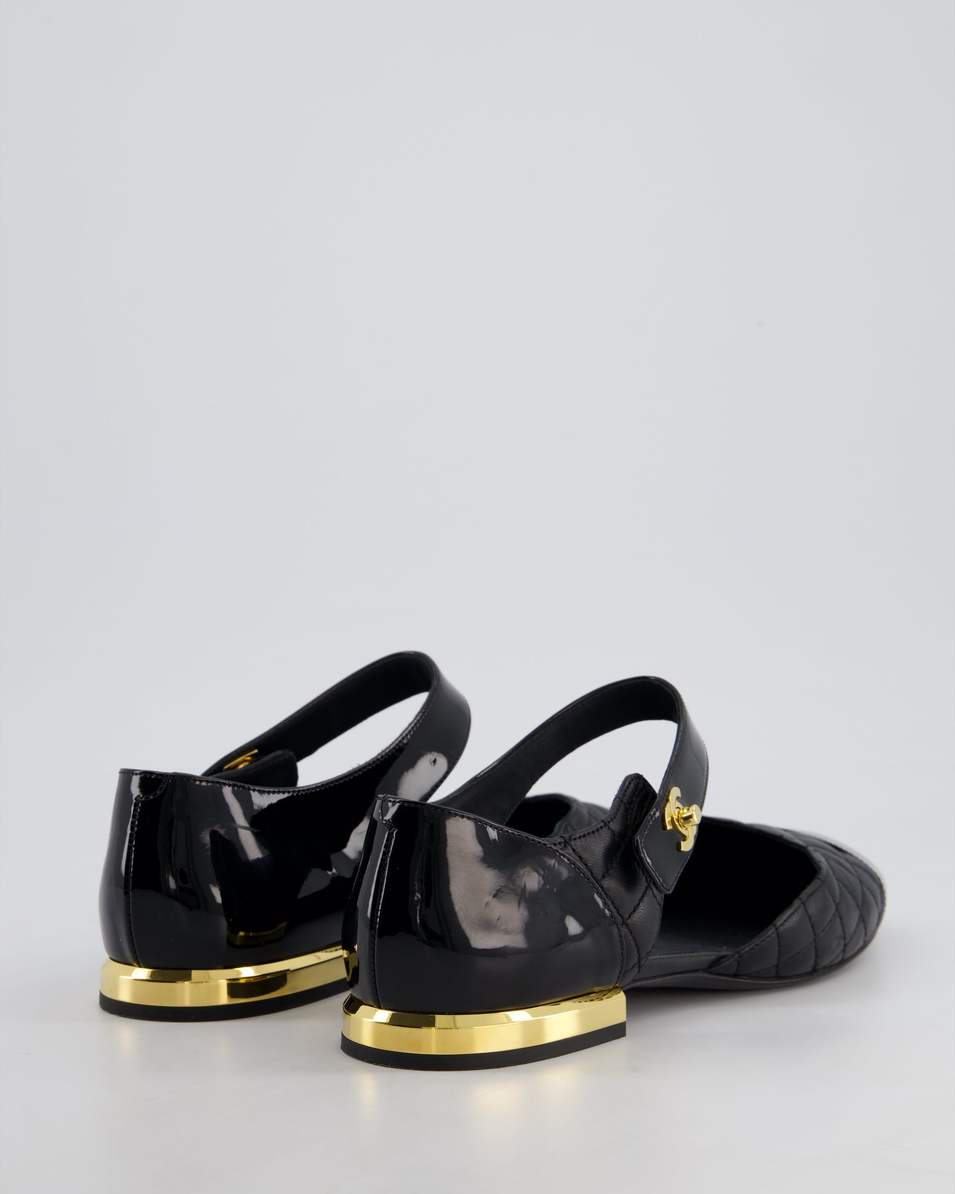 Chanel Black and Gold Metallic Leather Flat Shoes with Ankle Strap and CC Logo Clasp Size EU 39C