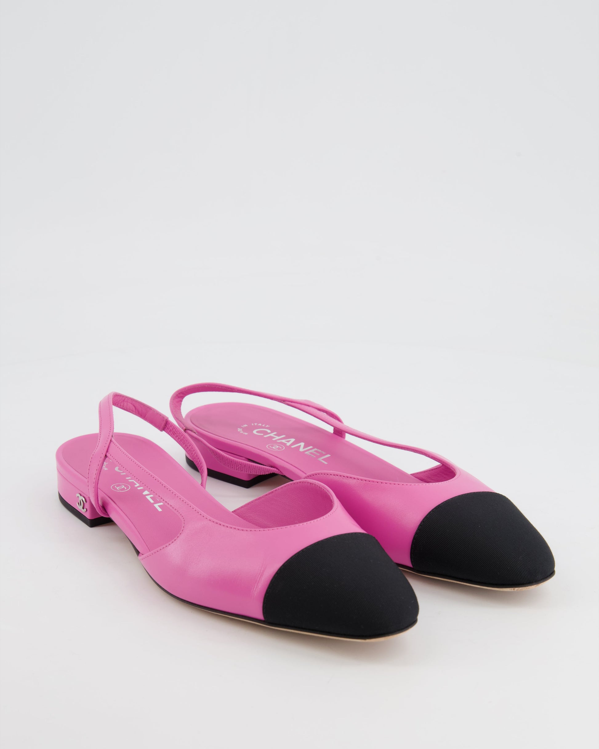 Chanel Pink Leather Flat Slingback Shoes with Silver CC Logo Detail Size 37.5