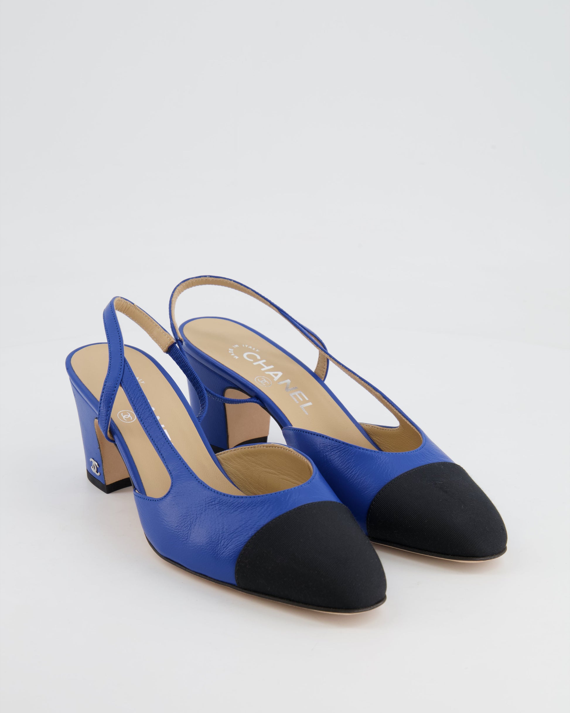 Chanel Royal Blue and Black Lambskin Slingback Shoes with Silver CC Detail Size 37C