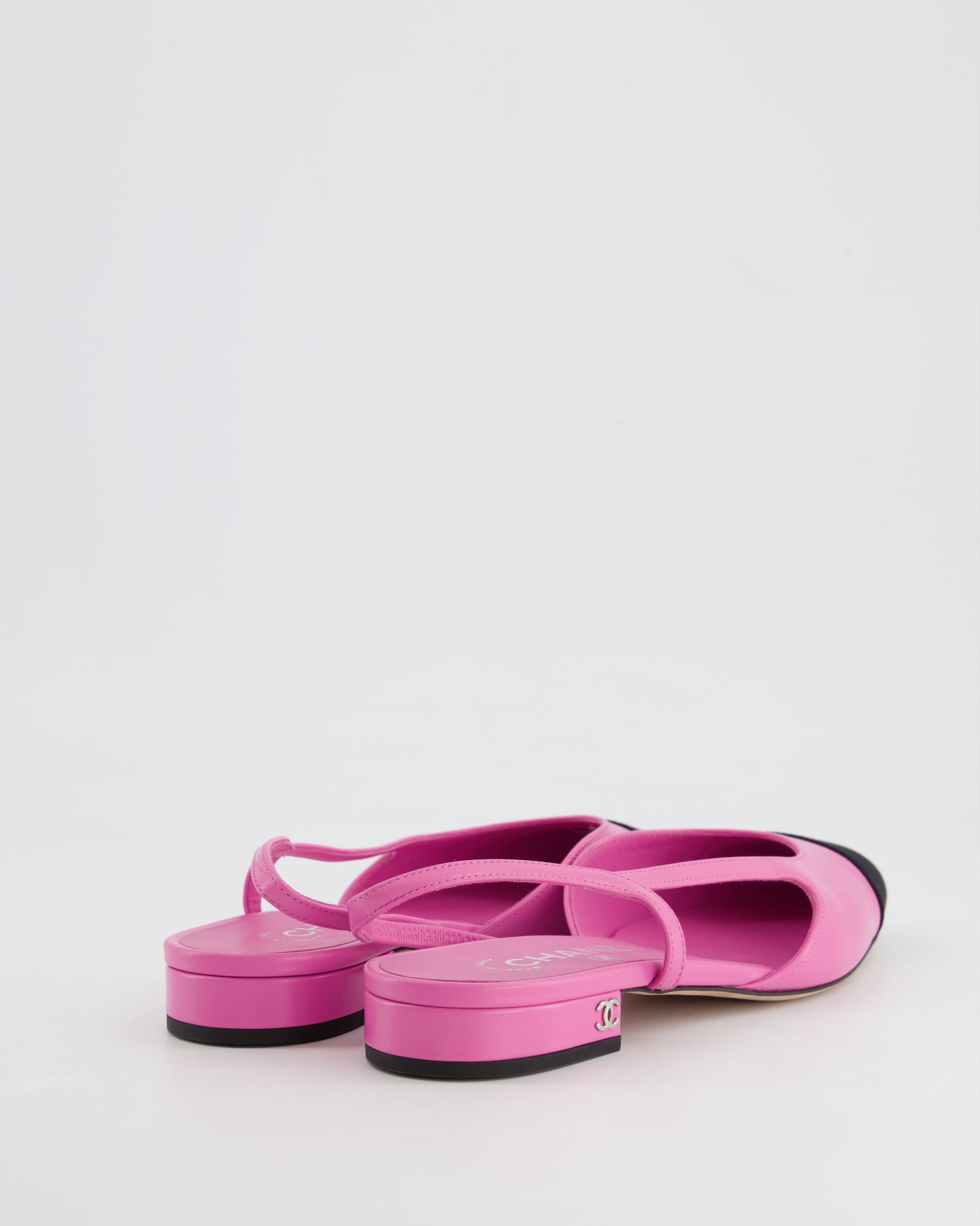 Chanel Pink Leather Flat Slingback Shoes with Silver CC Logo Detail Size 37.5