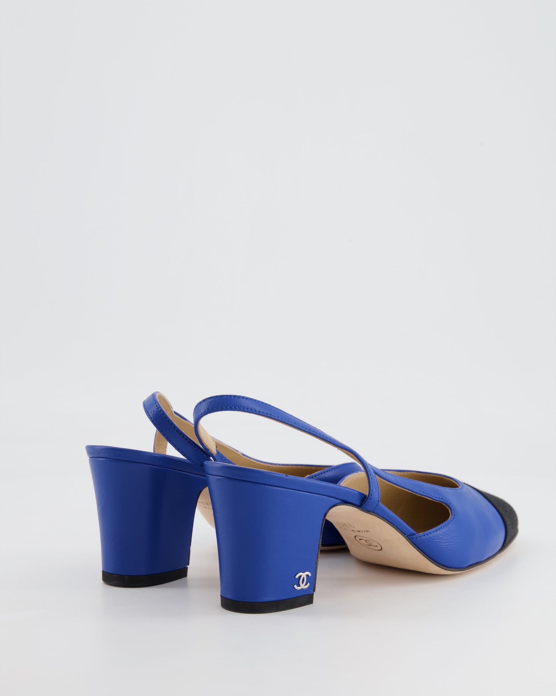 Chanel Royal Blue and Black Lambskin Slingback Shoes with Silver CC Detail Size 37C