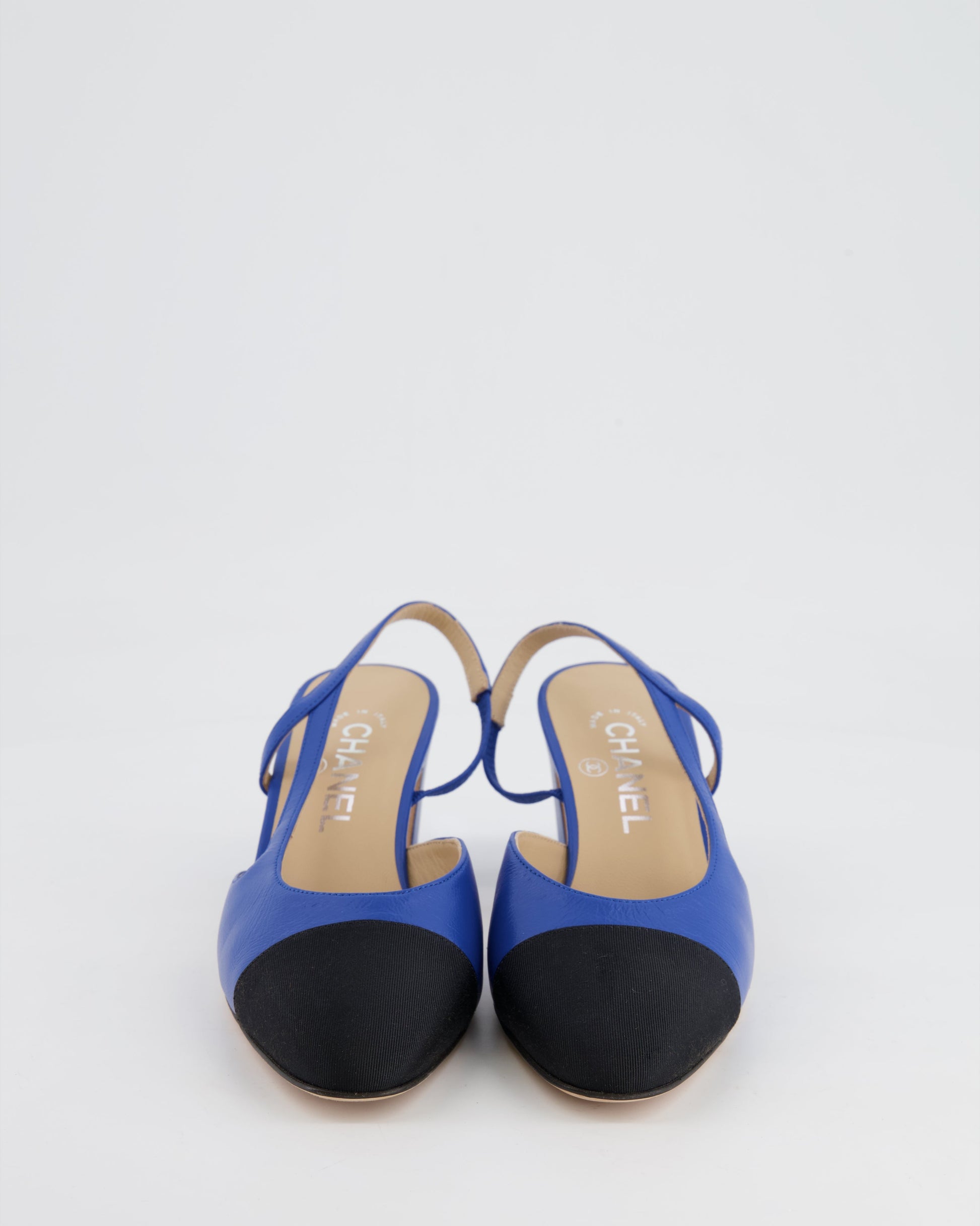 Chanel Royal Blue and Black Lambskin Slingback Shoes with Silver CC Detail Size 37C