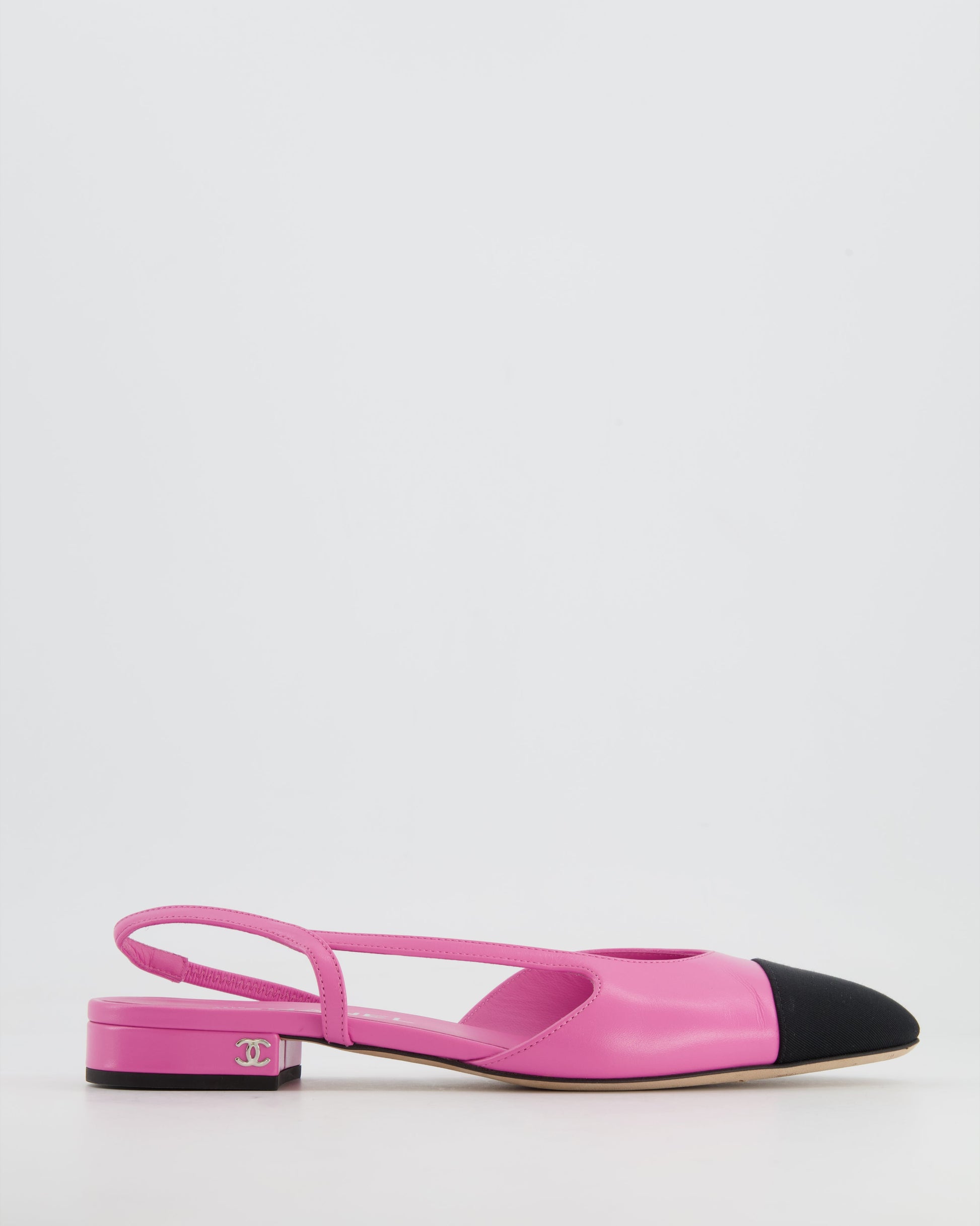 Chanel Pink Leather Flat Slingback Shoes with Silver CC Logo Detail Size 37.5