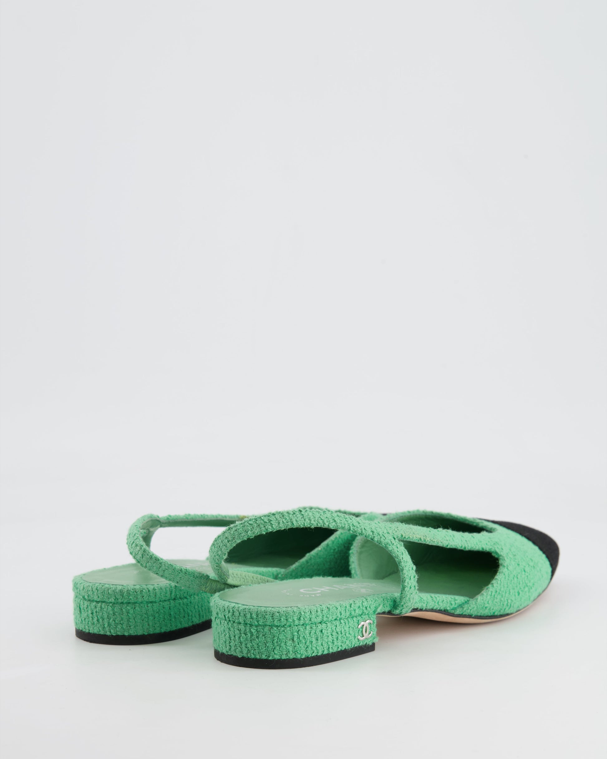 Chanel Pistachio Green Tweed Flat Slingback Shoes with Silver CC Detail Size 37