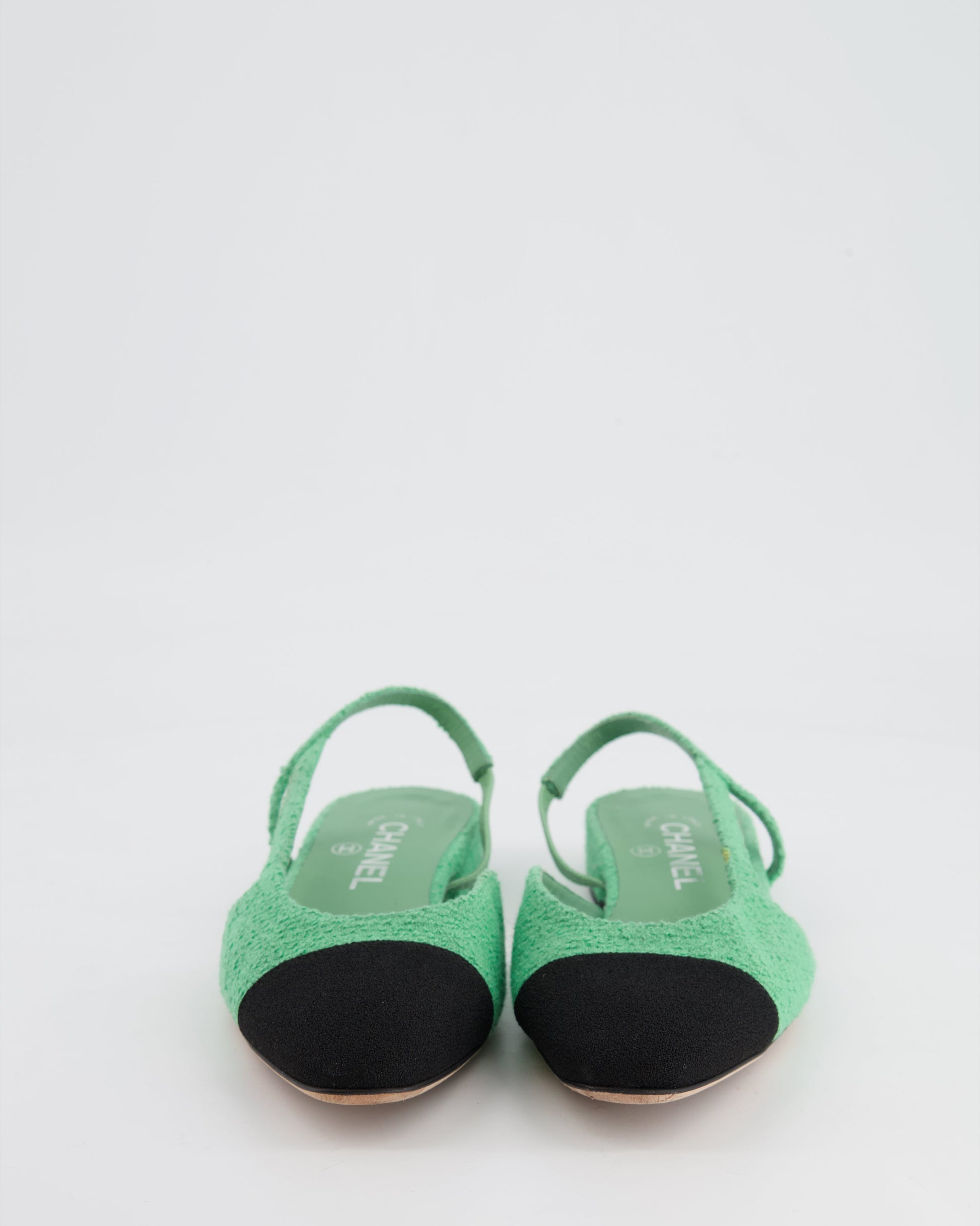 Chanel Pistachio Green Tweed Flat Slingback Shoes with Silver CC Detail Size 37