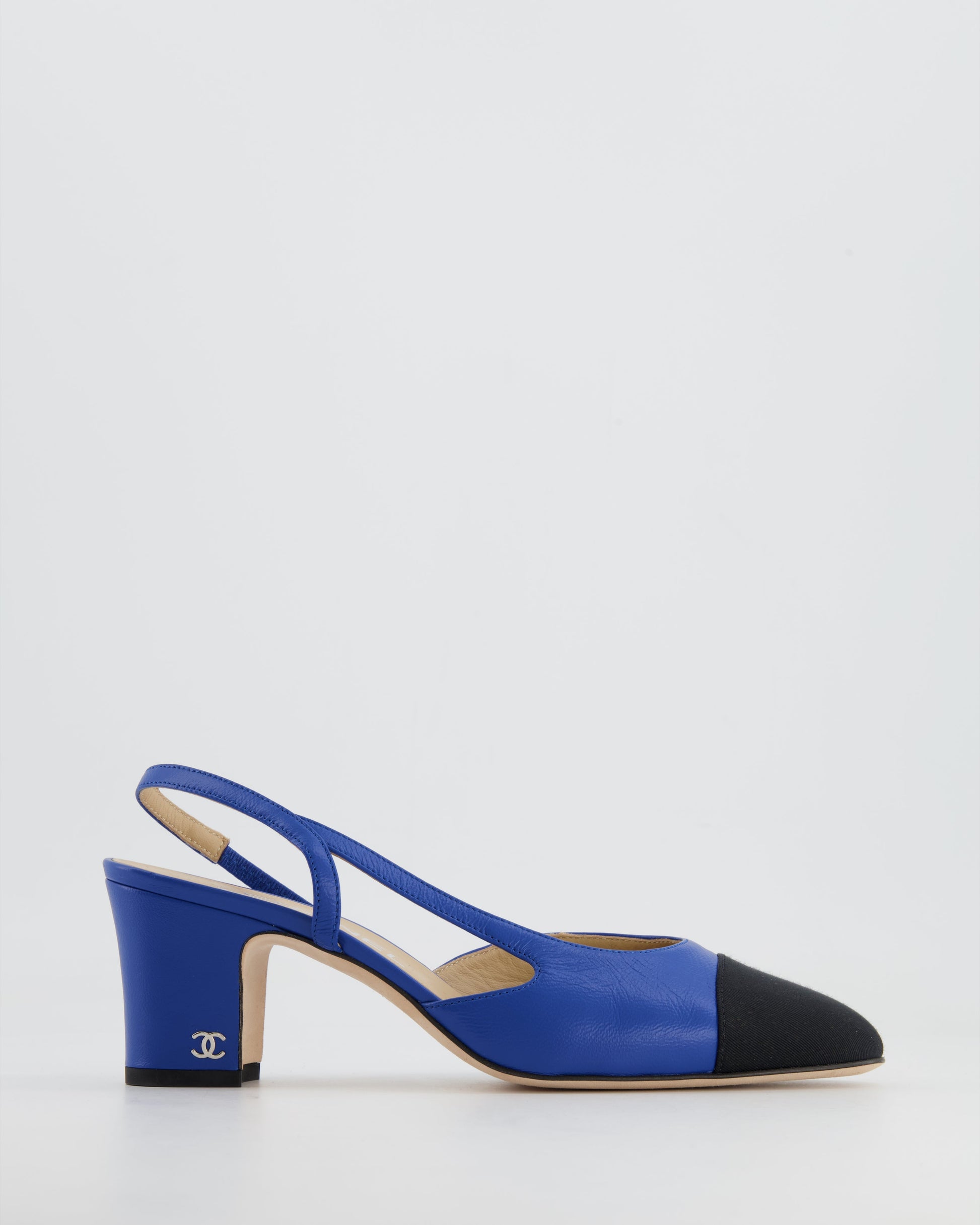 Chanel Royal Blue and Black Lambskin Slingback Shoes with Silver CC Detail Size 37C