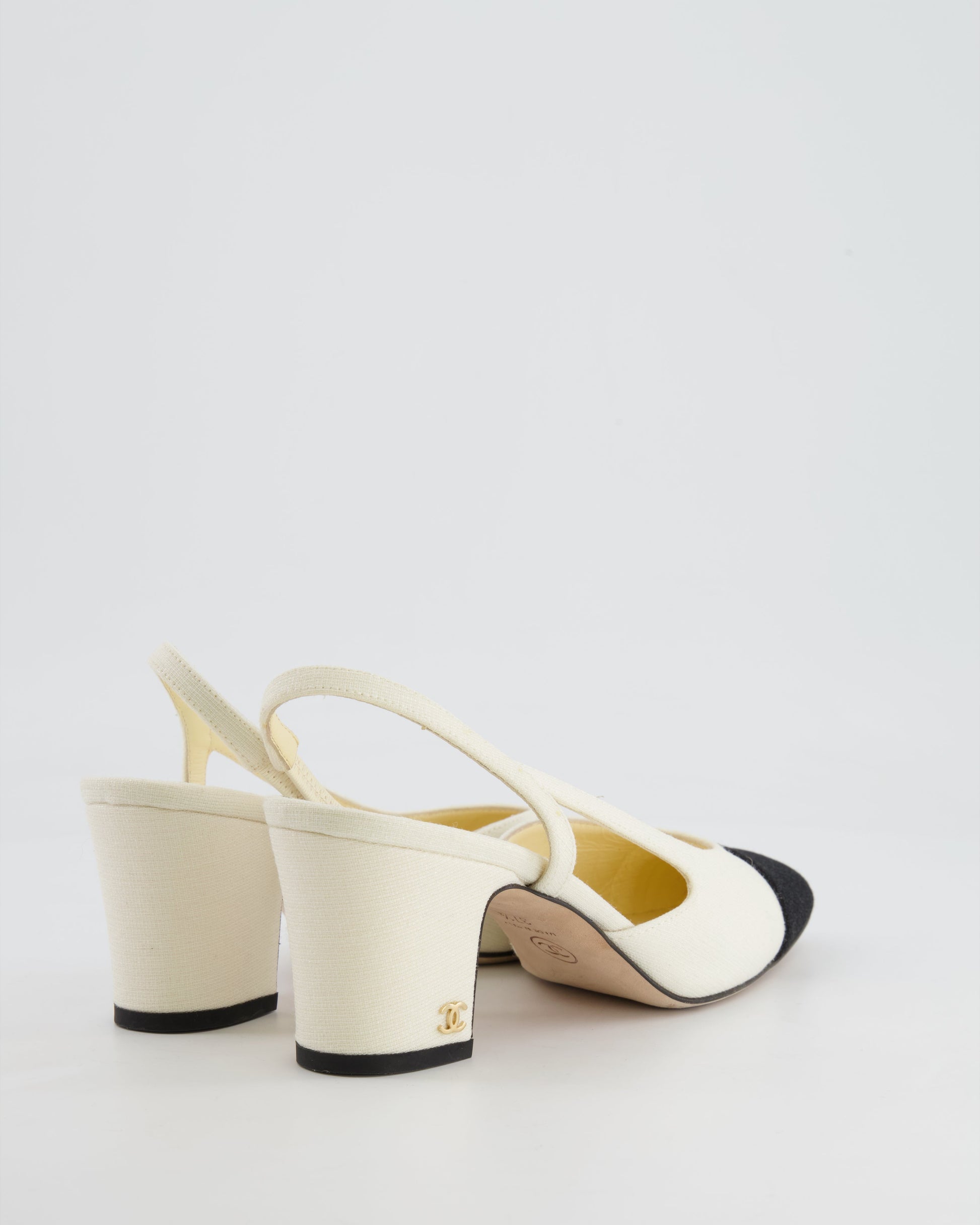 Chanel White and Black Canvas Slingback Shoes with Gold CC Logo Detail Size 37.5