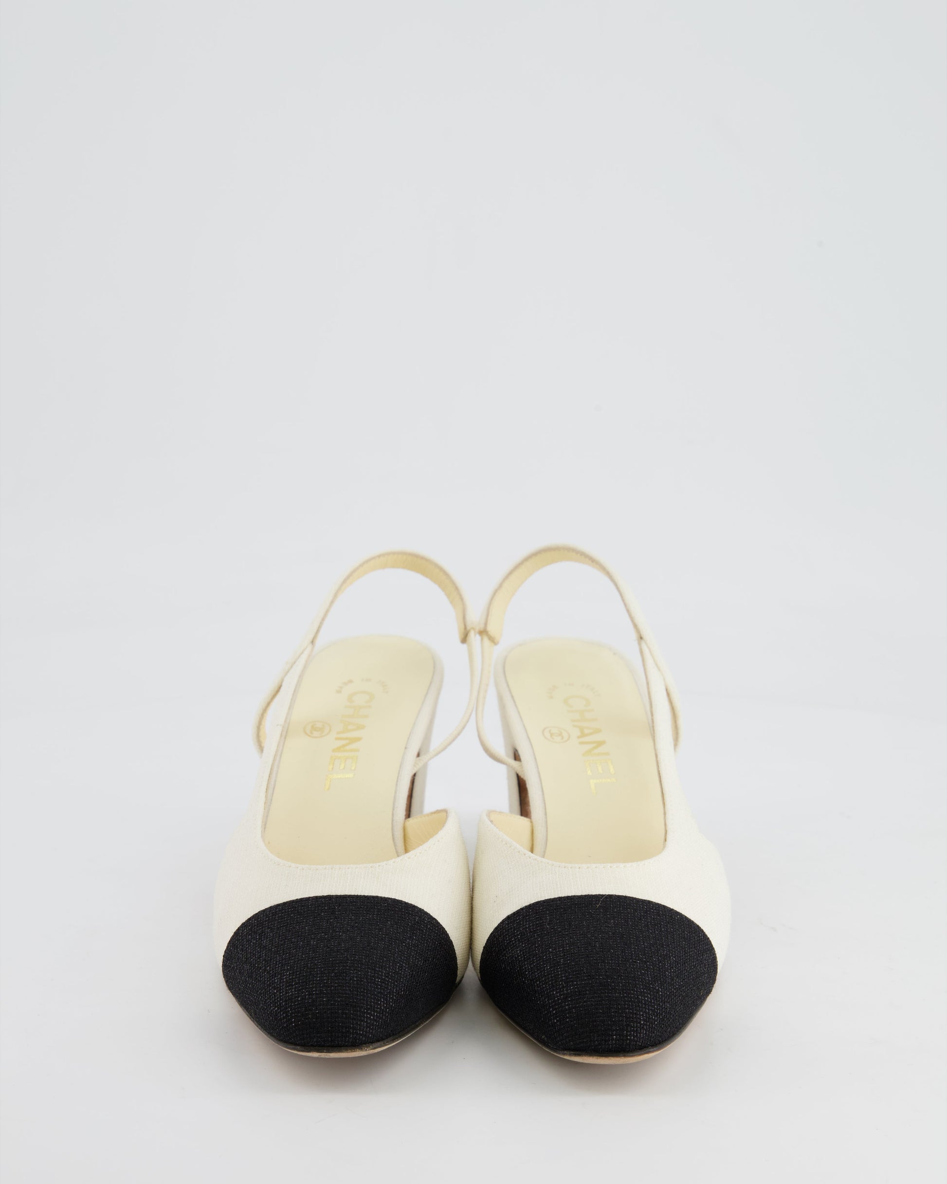 Chanel White and Black Canvas Slingback Shoes with Gold CC Logo Detail Size 37.5