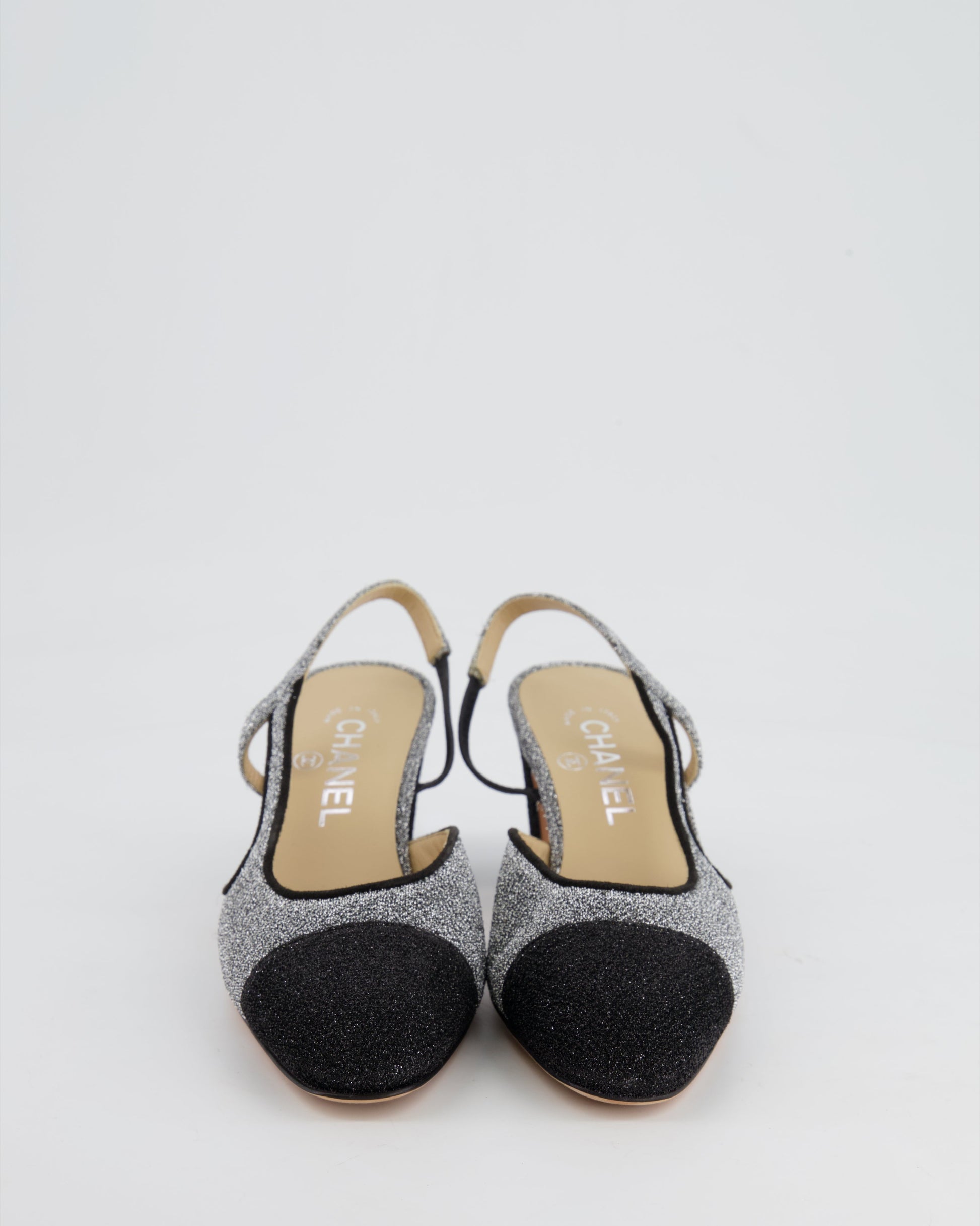 Chanel Silver and Black Shimmery Slingback Shoes with Silver CC Logo Detail Size 37C