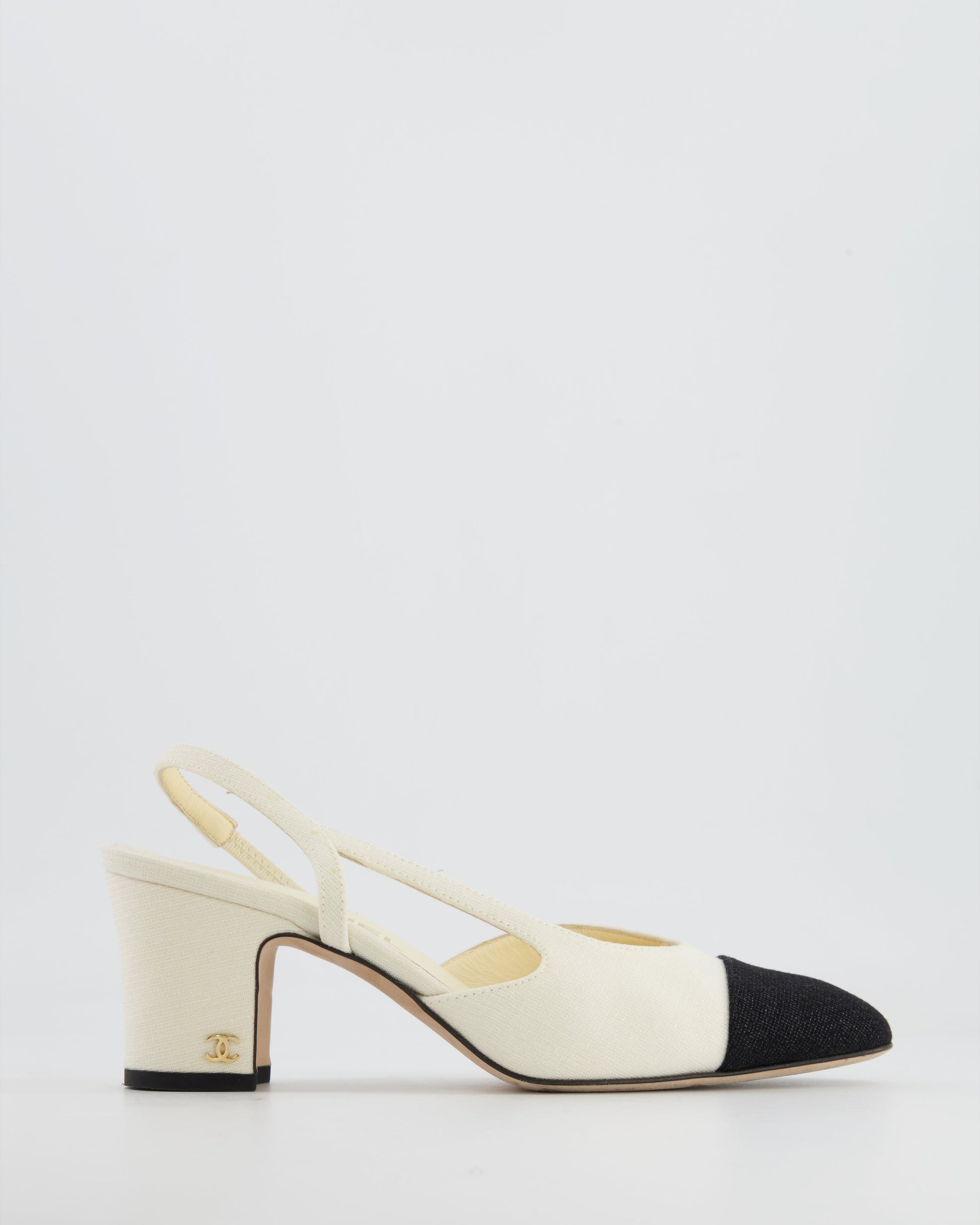 Chanel White and Black Canvas Slingback Shoes with Gold CC Logo Detail Size 37.5