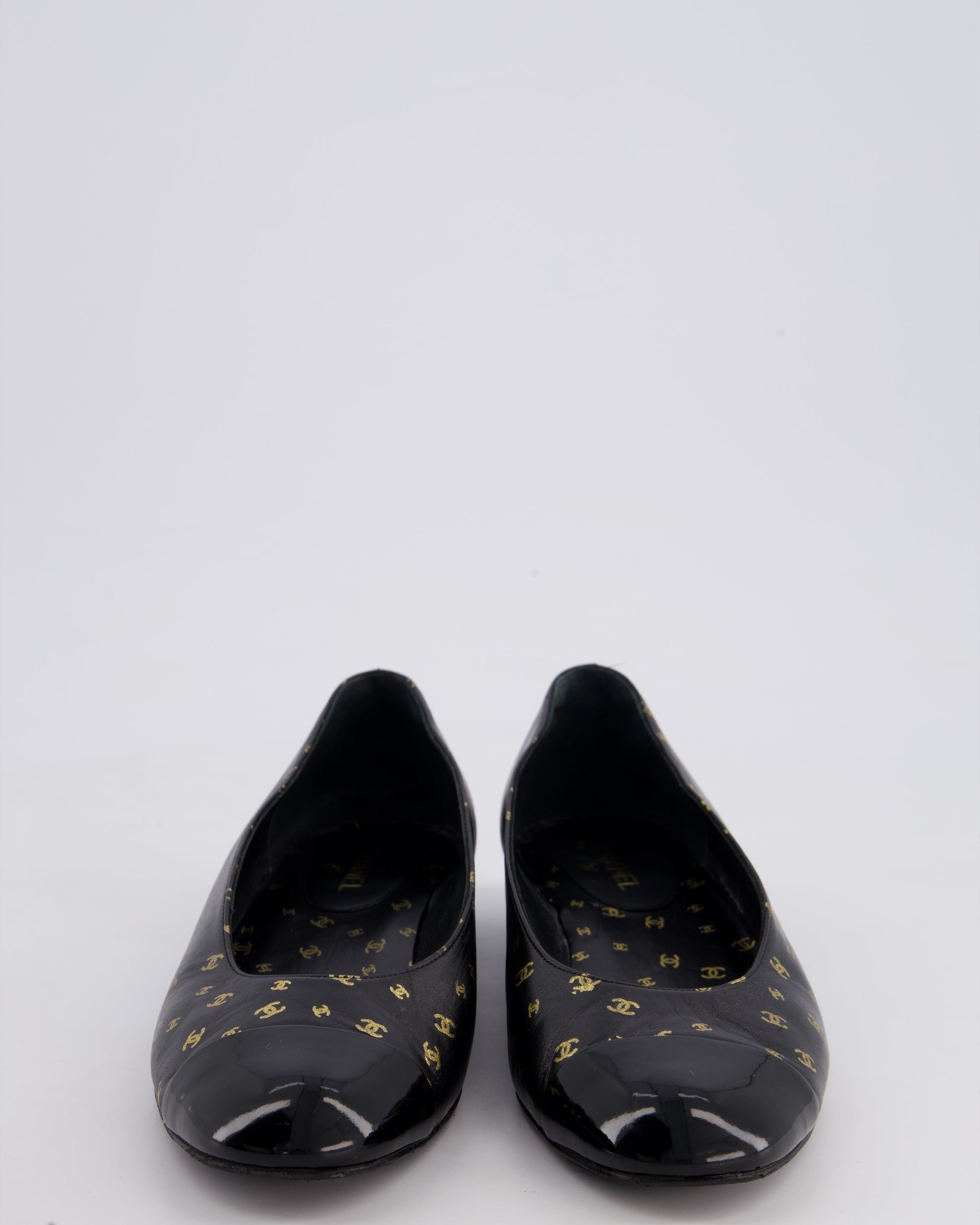 Chanel 24A Black Ballerina Flat Shoes in Calfskin Leather with Gold CC Logo Print & Patent Leather Toe Details Size EU 39
