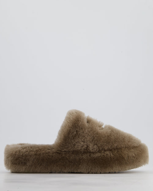 *HOT* Chanel Taupe Brown CC Shearling Platform Mules & Large Make-Up Pouch Size EU 39