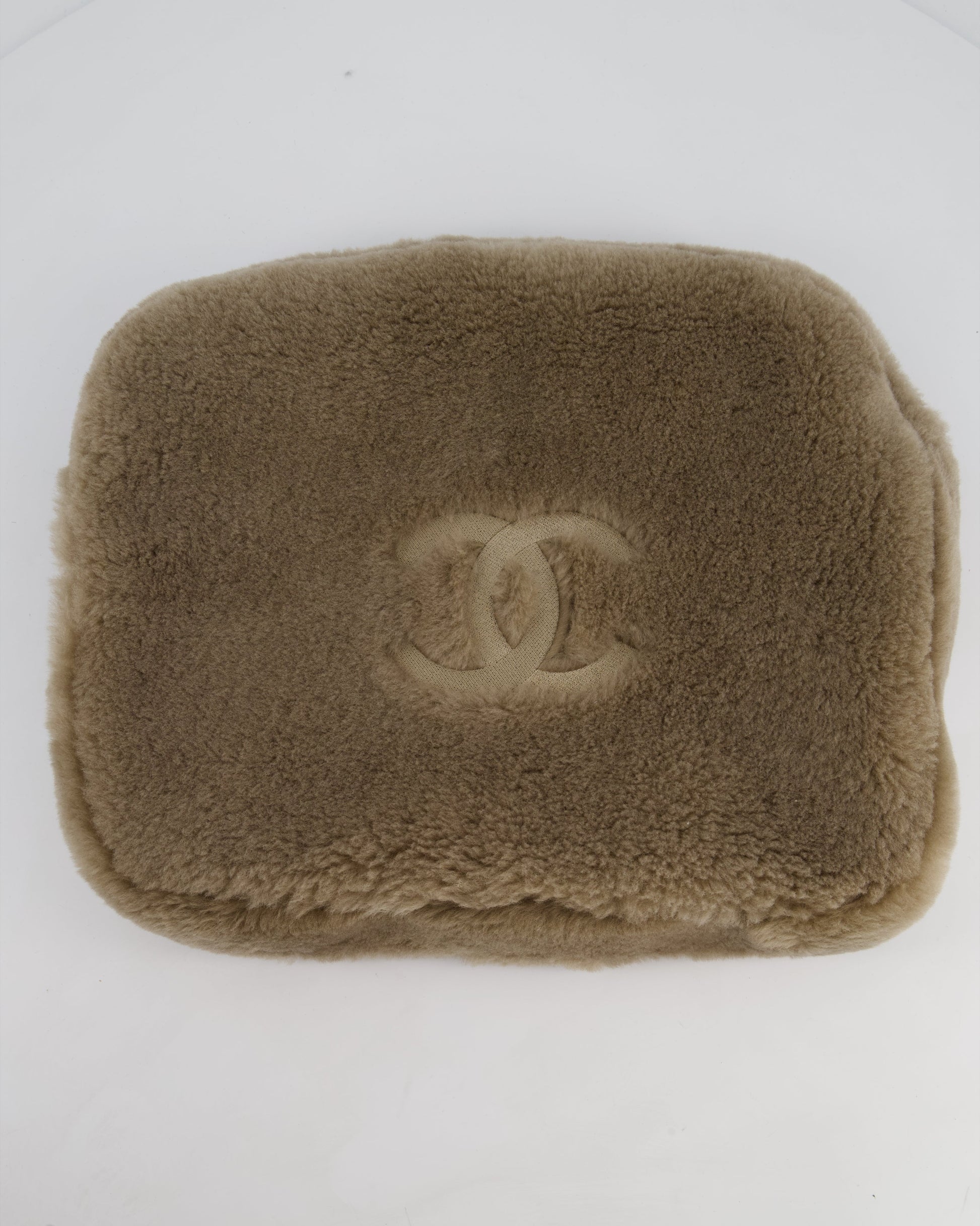 *HOT* Chanel Taupe Brown CC Shearling Platform Mules & Large Make-Up Pouch Size EU 39