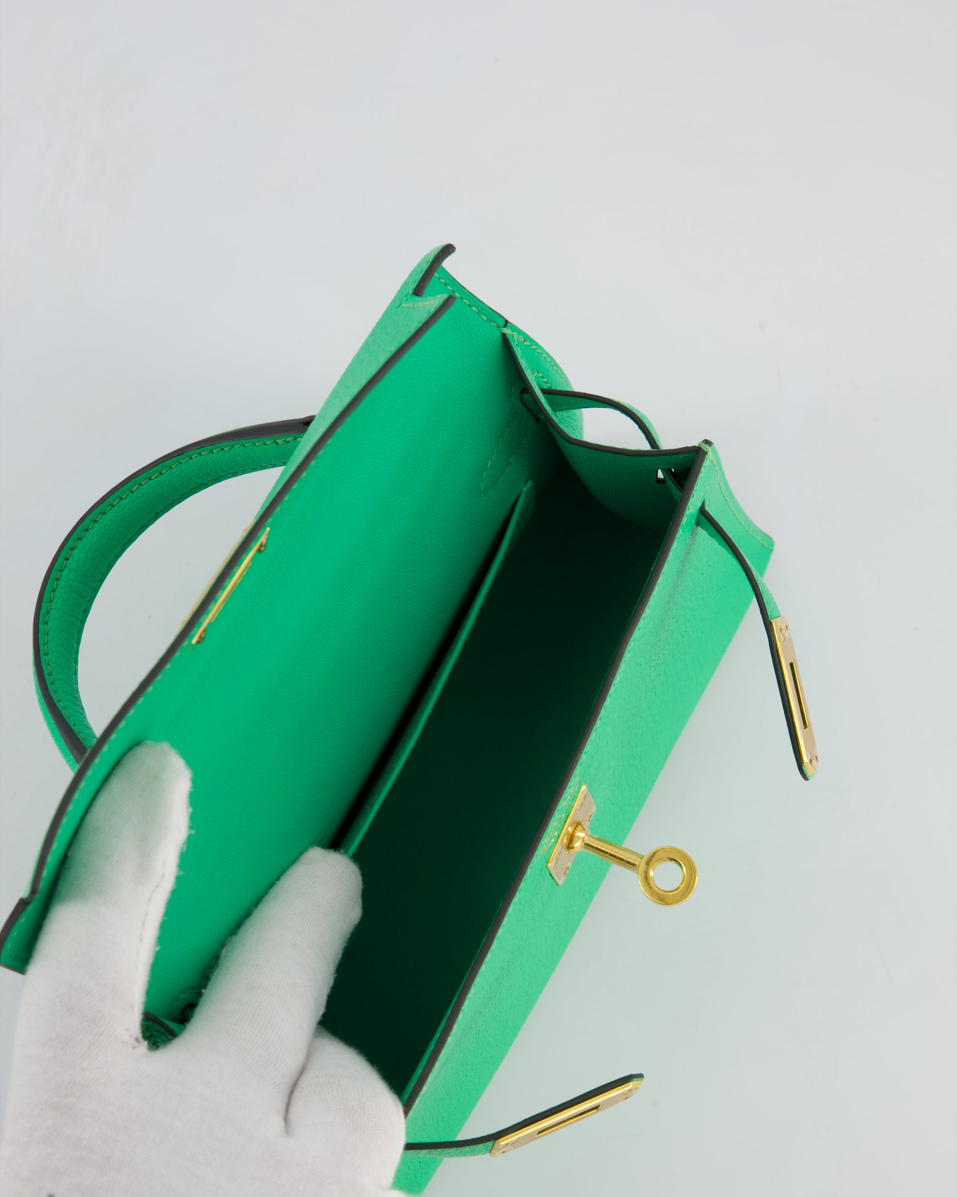 Hermes Mini Kelly II 20cm Bag In Vert Comics Chèvre Chamkila Leather with Gold Hardware