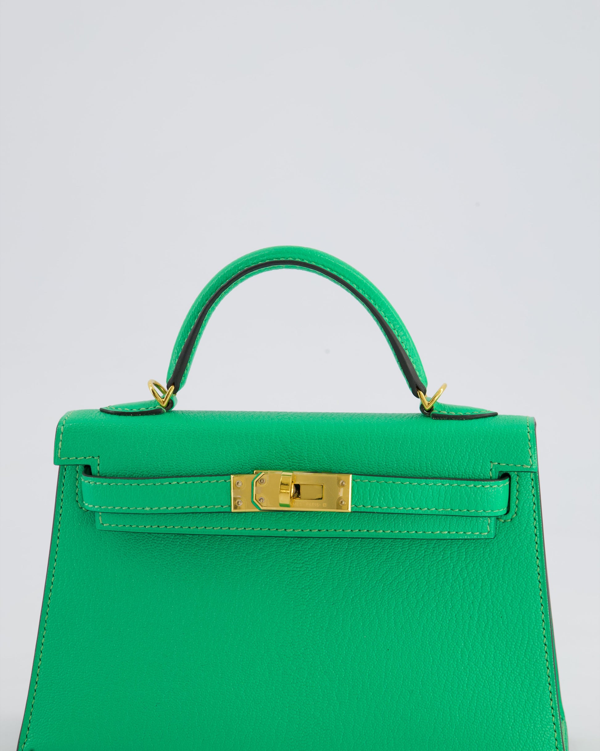 Hermes Mini Kelly II 20cm Bag In Vert Comics Chèvre Chamkila Leather with Gold Hardware