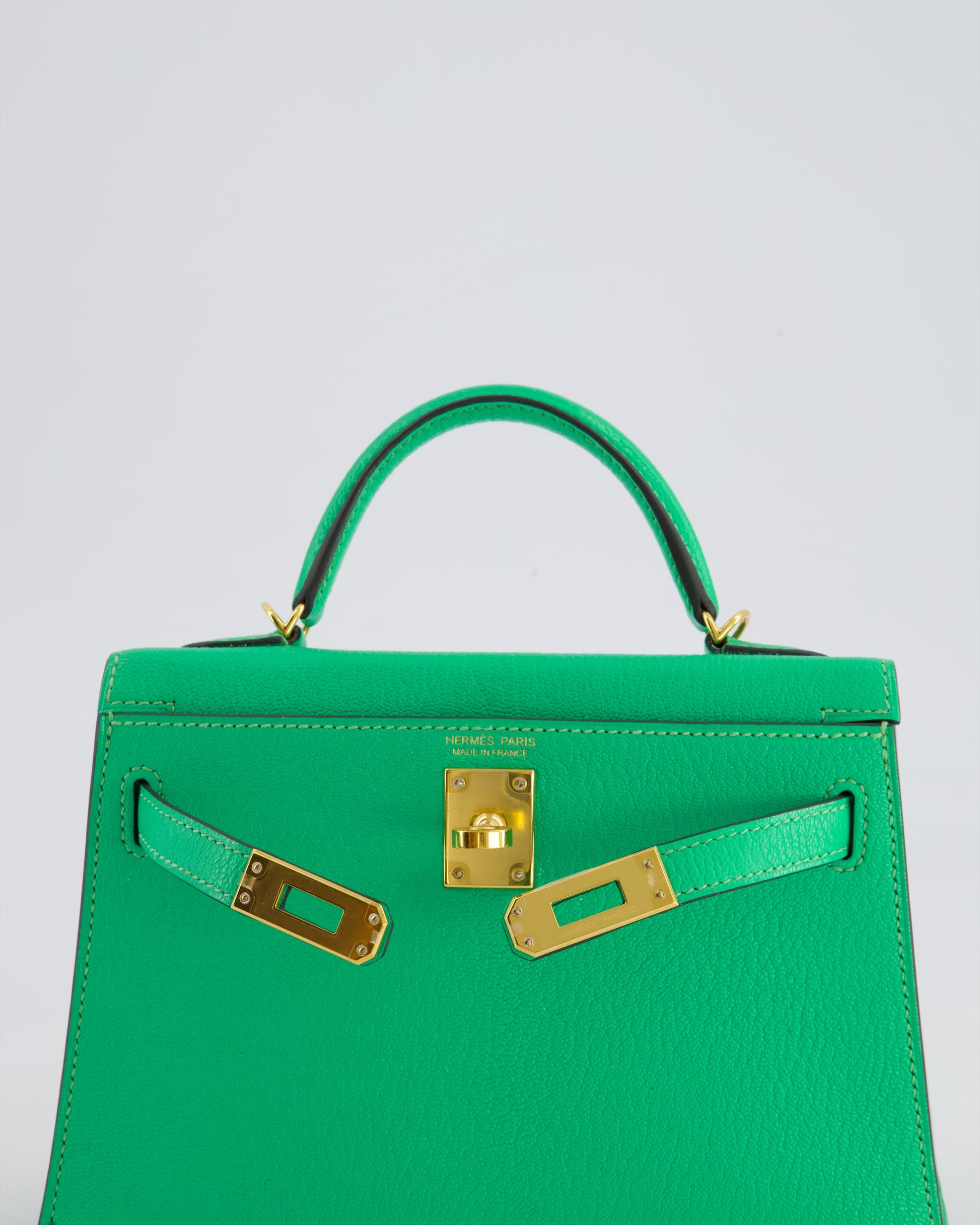 Hermes Mini Kelly II 20cm Bag In Vert Comics Chèvre Chamkila Leather with Gold Hardware