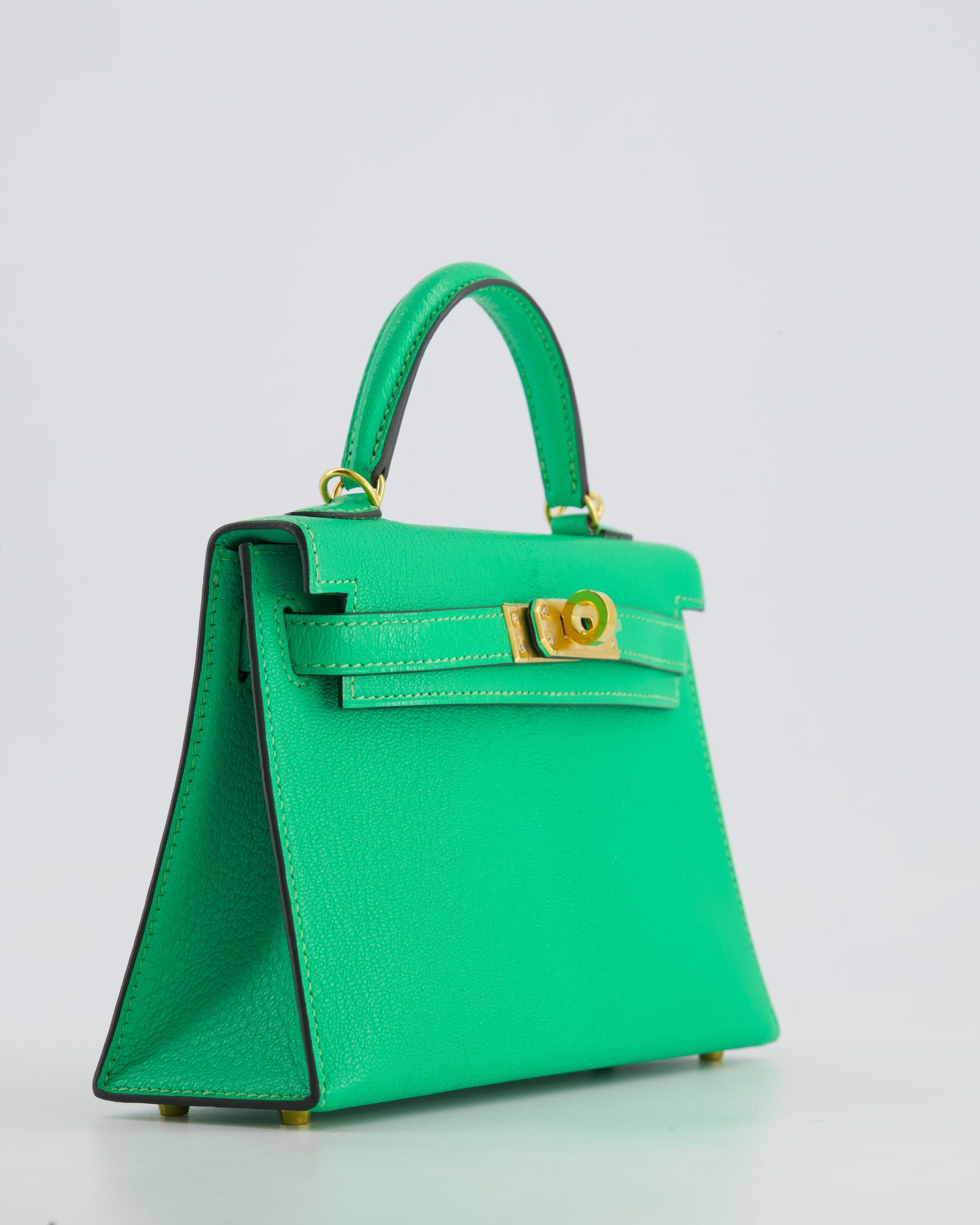 Hermes Mini Kelly II 20cm Bag In Vert Comics Chèvre Chamkila Leather with Gold Hardware
