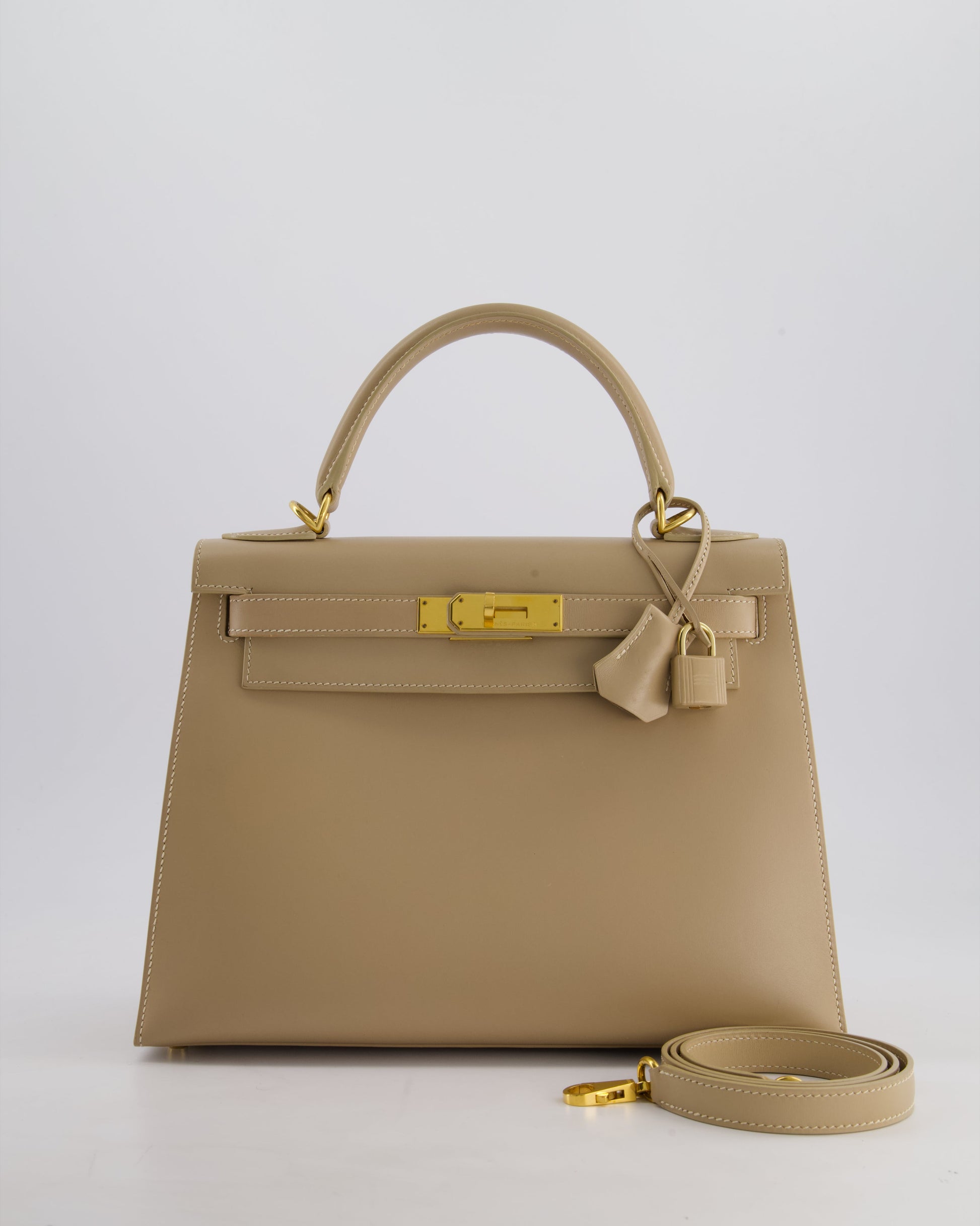 Hermes Kelly 28cm Sellier Bag in Beige Box Leather with Gold Hardware