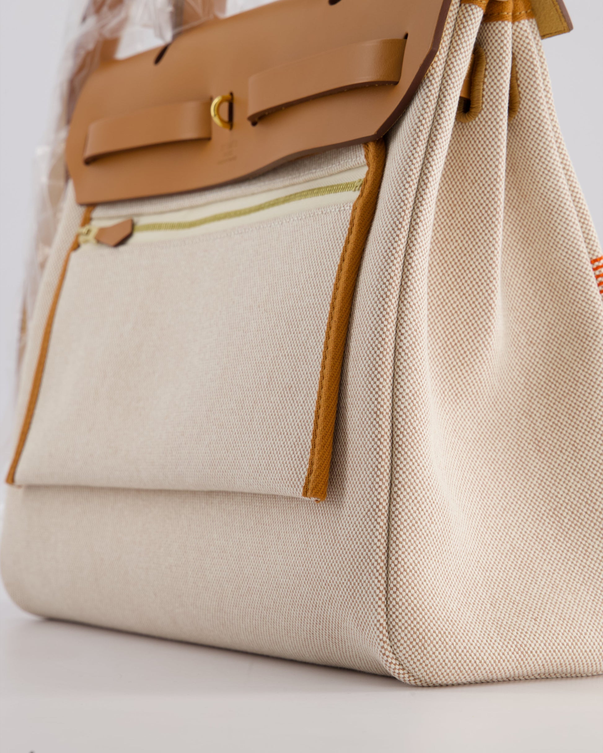 Hermes Herbag Zip Retourne 31 Chaine D'Ancre Bag in Orange Mécano & Ecru Quadrille Toille Canvas, Natural Hunter Leather with Gold Hardware
