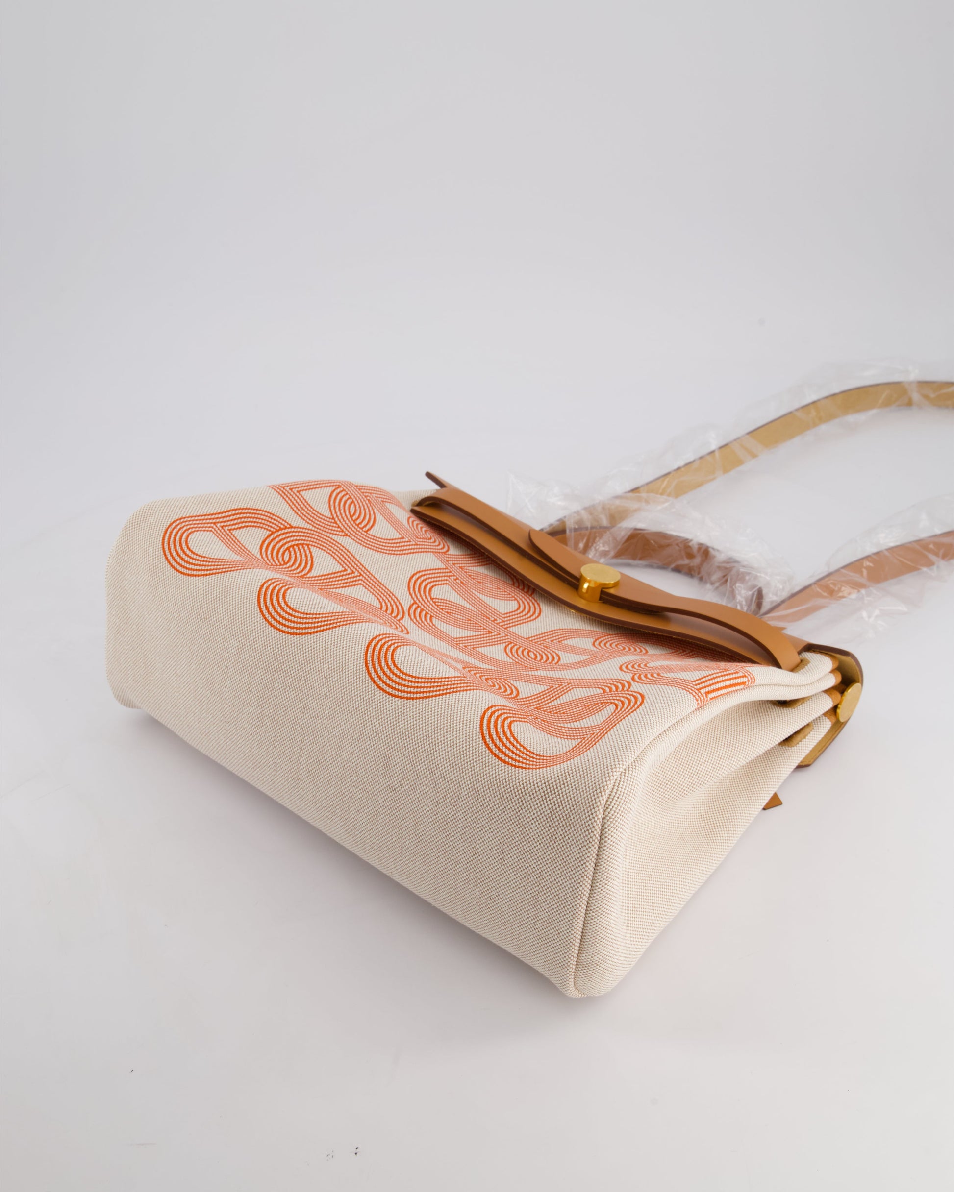 Hermes Herbag Zip Retourne 31 Chaine D'Ancre Bag in Orange Mécano & Ecru Quadrille Toille Canvas, Natural Hunter Leather with Gold Hardware