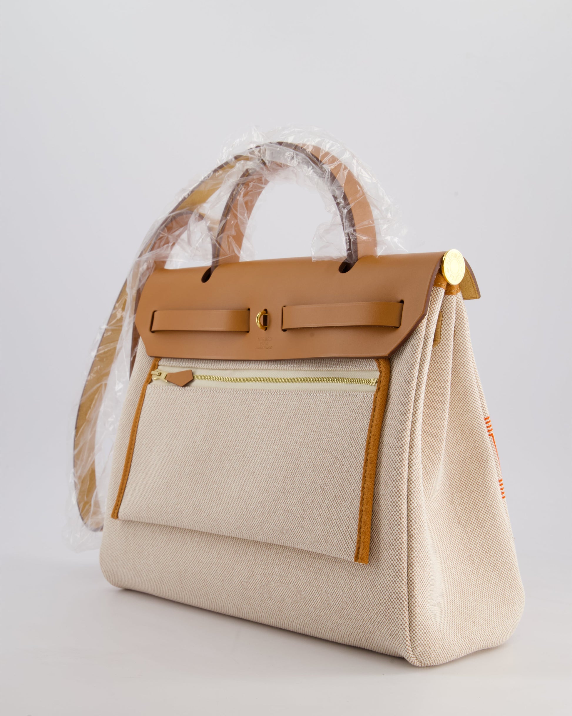 Hermes Herbag Zip Retourne 31 Chaine D'Ancre Bag in Orange Mécano & Ecru Quadrille Toille Canvas, Natural Hunter Leather with Gold Hardware