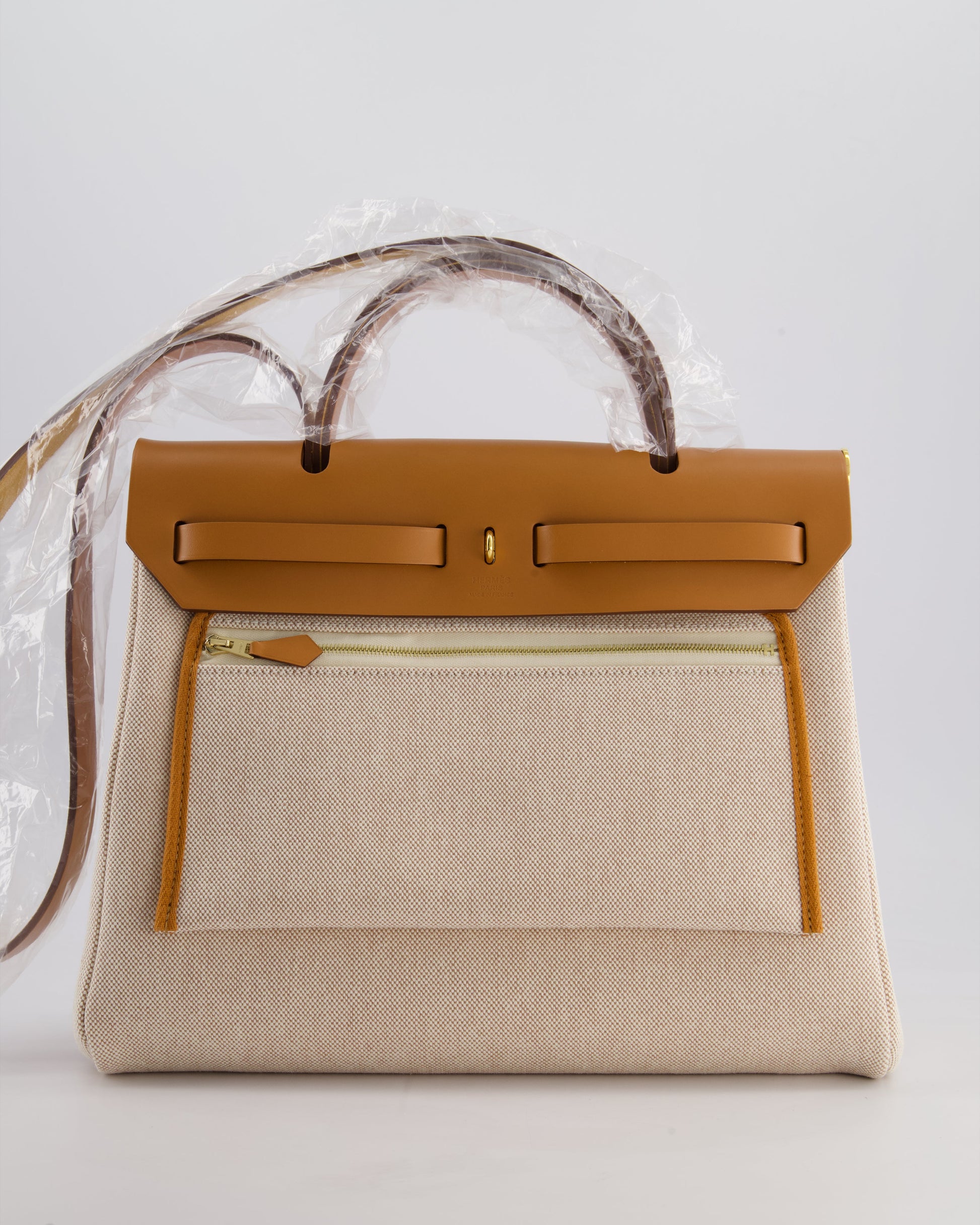 Hermes Herbag Zip Retourne 31 Chaine D'Ancre Bag in Orange Mécano & Ecru Quadrille Toille Canvas, Natural Hunter Leather with Gold Hardware