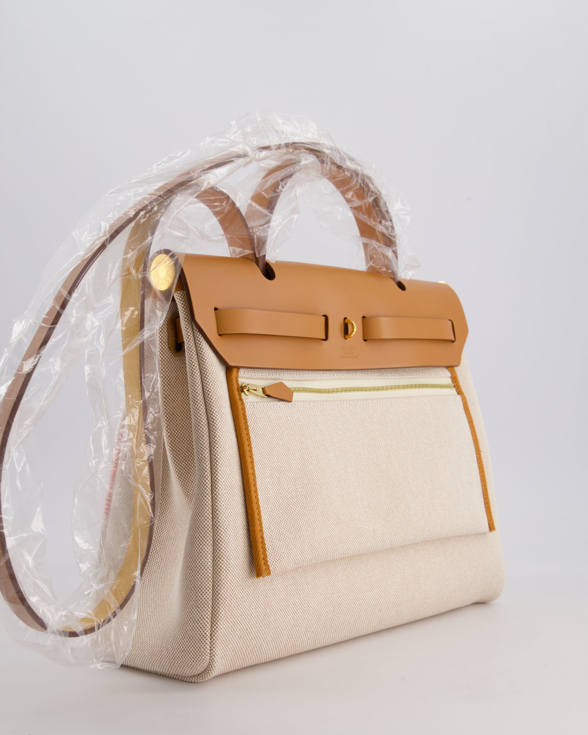 Hermes Herbag Zip Retourne 31 Chaine D'Ancre Bag in Orange Mécano & Ecru Quadrille Toille Canvas, Natural Hunter Leather with Gold Hardware