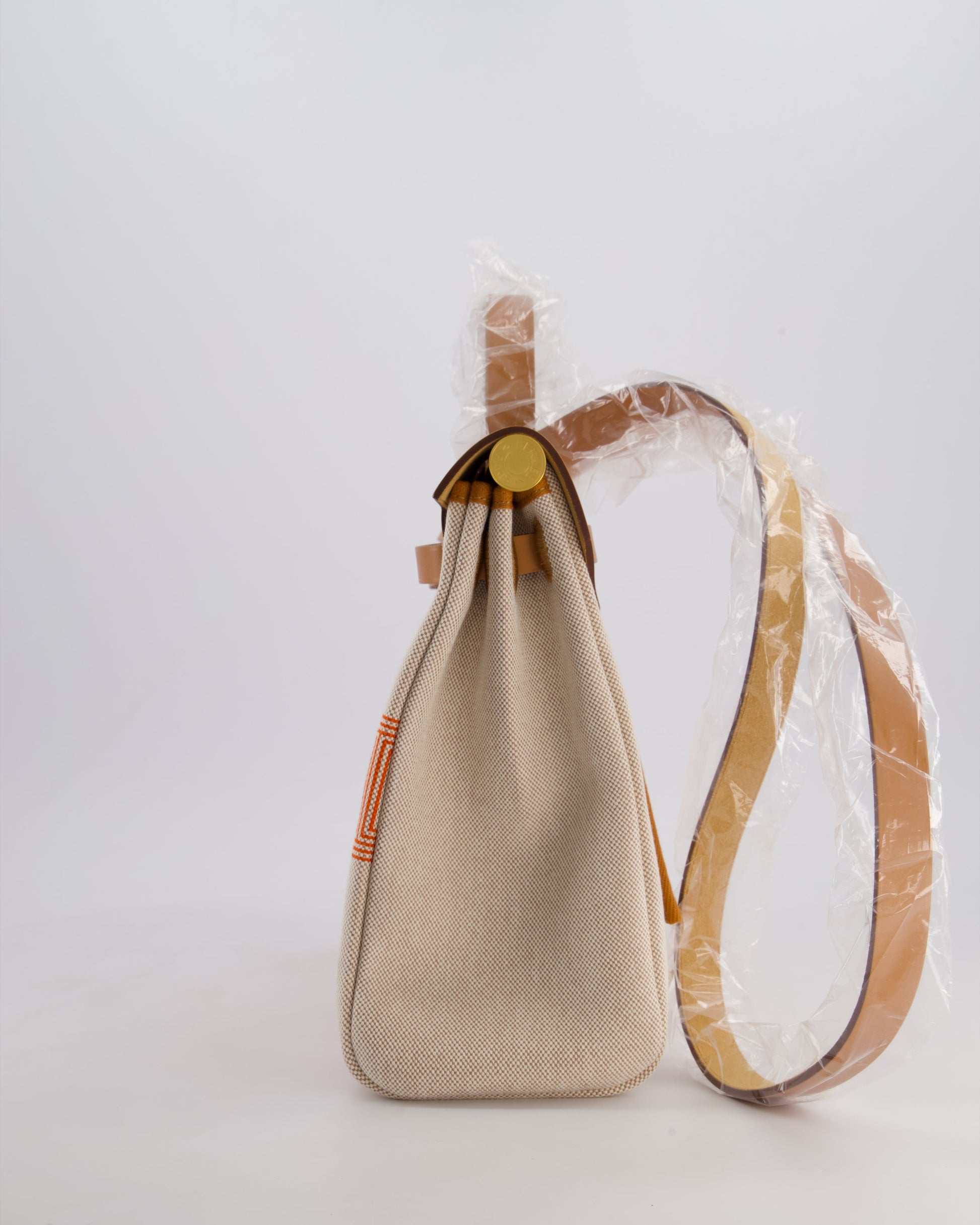 Hermes Herbag Zip Retourne 31 Chaine D'Ancre Bag in Orange Mécano & Ecru Quadrille Toille Canvas, Natural Hunter Leather with Gold Hardware