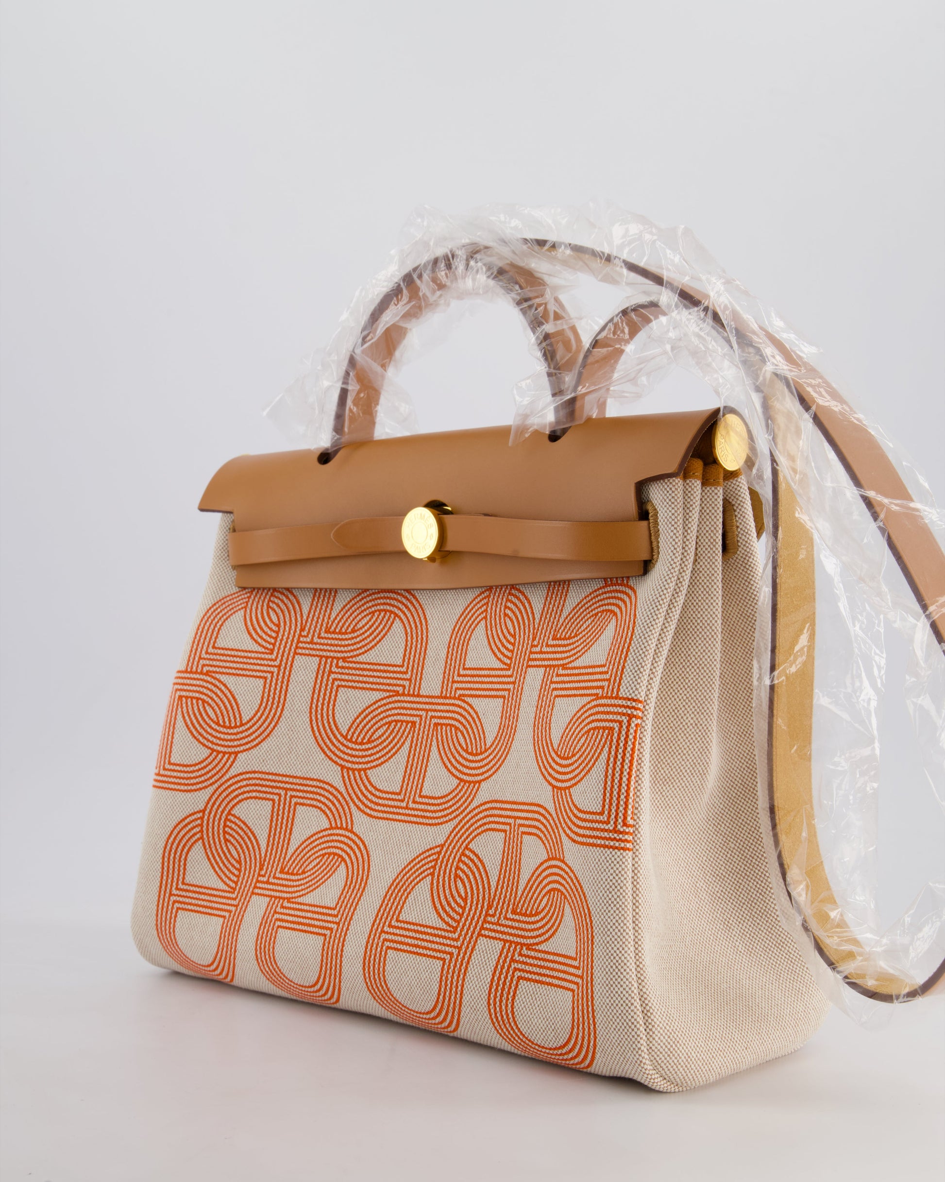 Hermes Herbag Zip Retourne 31 Chaine D'Ancre Bag in Orange Mécano & Ecru Quadrille Toille Canvas, Natural Hunter Leather with Gold Hardware