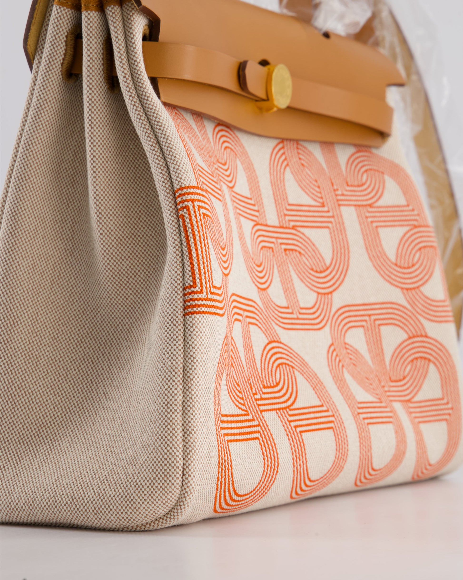 Hermes Herbag Zip Retourne 31 Chaine D'Ancre Bag in Orange Mécano & Ecru Quadrille Toille Canvas, Natural Hunter Leather with Gold Hardware