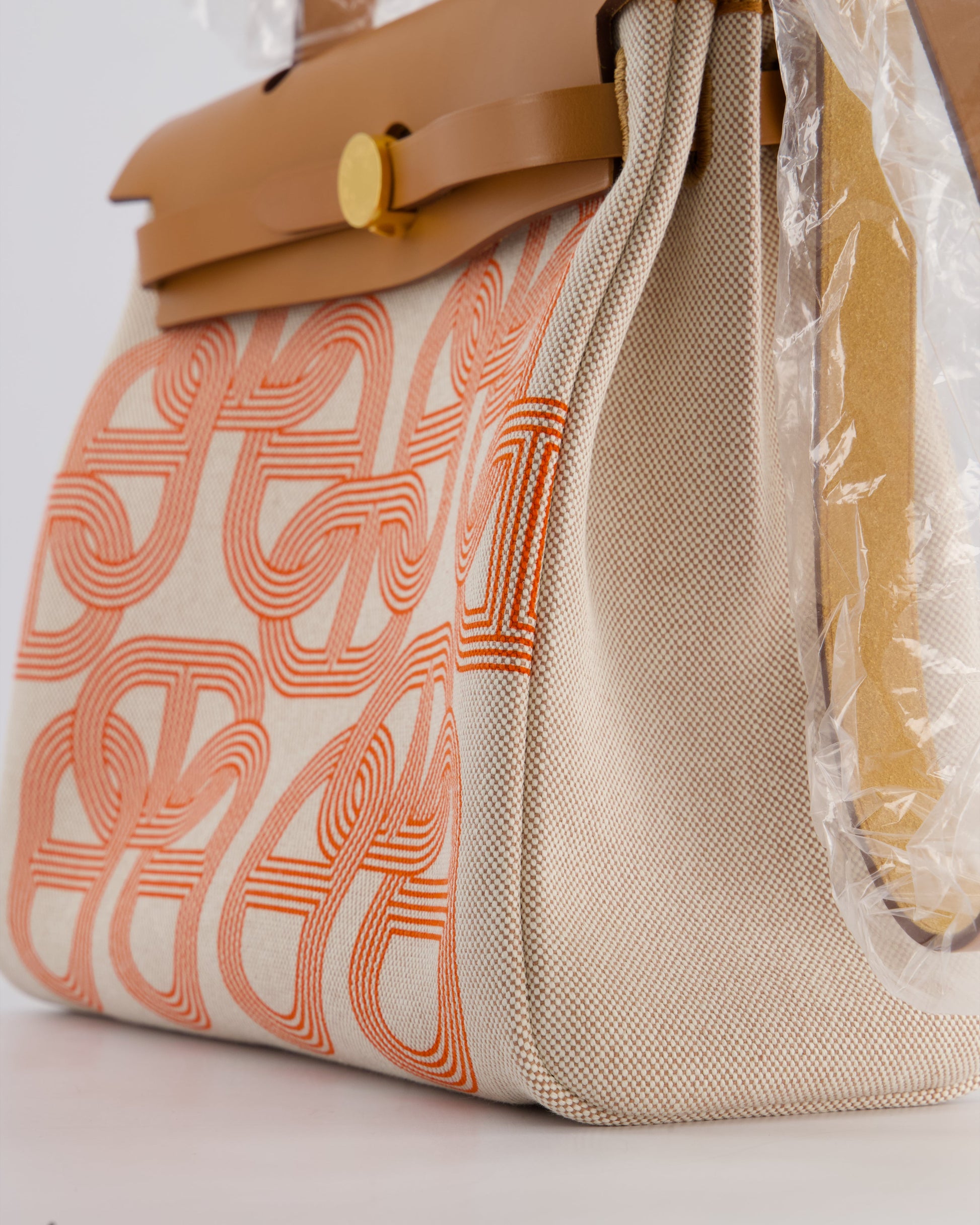 Hermes Herbag Zip Retourne 31 Chaine D'Ancre Bag in Orange Mécano & Ecru Quadrille Toille Canvas, Natural Hunter Leather with Gold Hardware