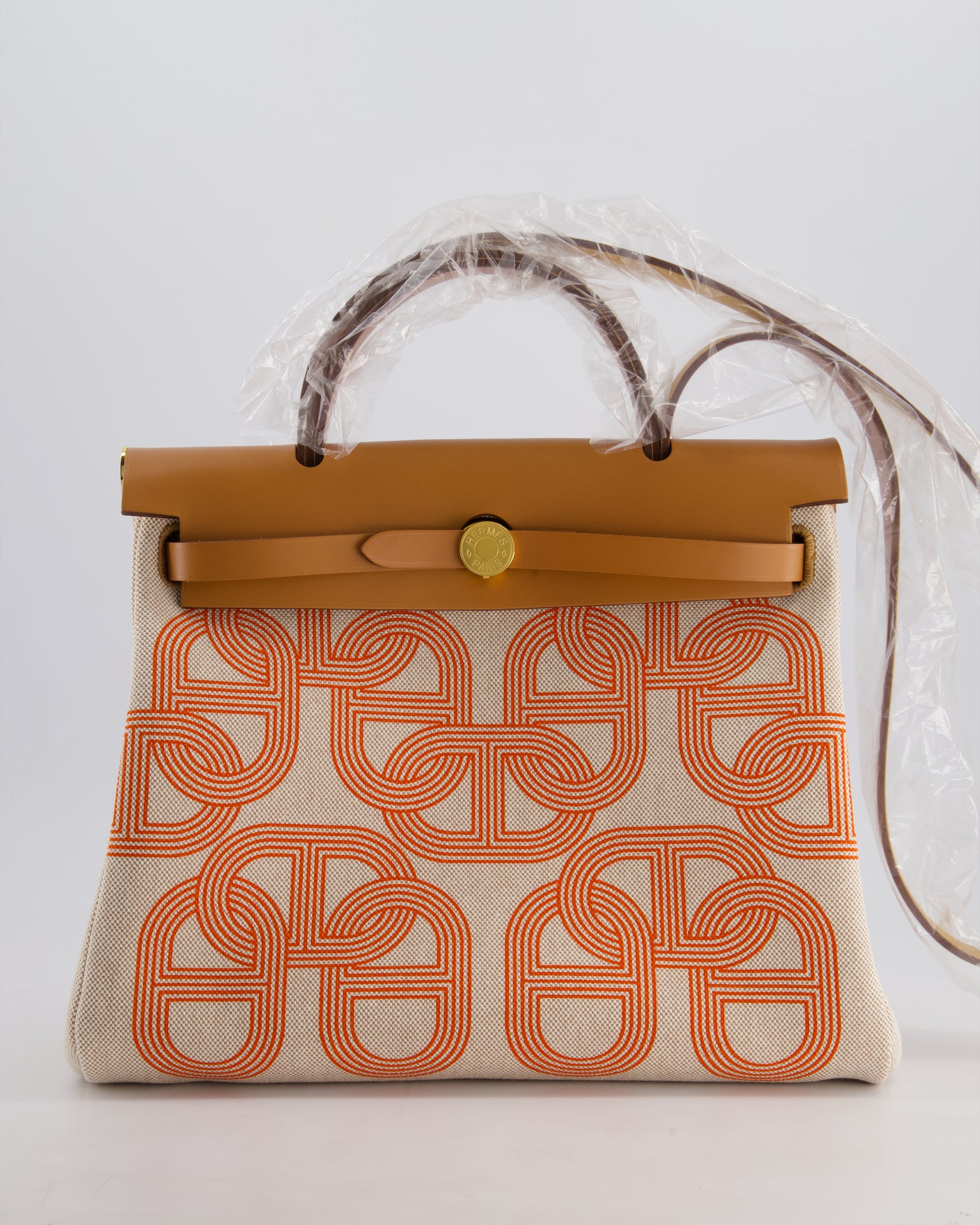 Hermes Herbag Zip Retourne 31 Chaine D'Ancre Bag in Orange Mécano & Ecru Quadrille Toille Canvas, Natural Hunter Leather with Gold Hardware