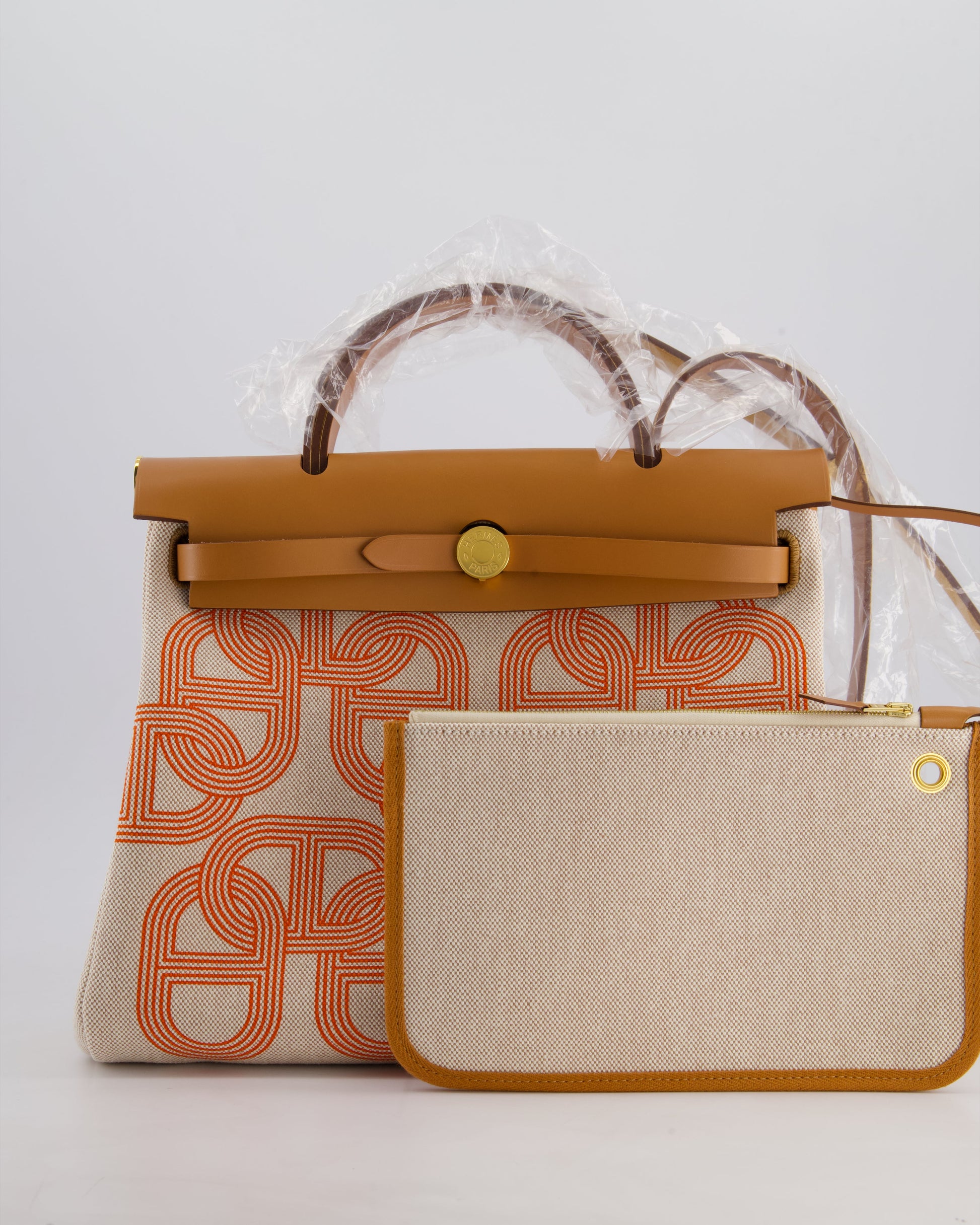 Hermes Herbag Zip Retourne 31 Chaine D'Ancre Bag in Orange Mécano & Ecru Quadrille Toille Canvas, Natural Hunter Leather with Gold Hardware