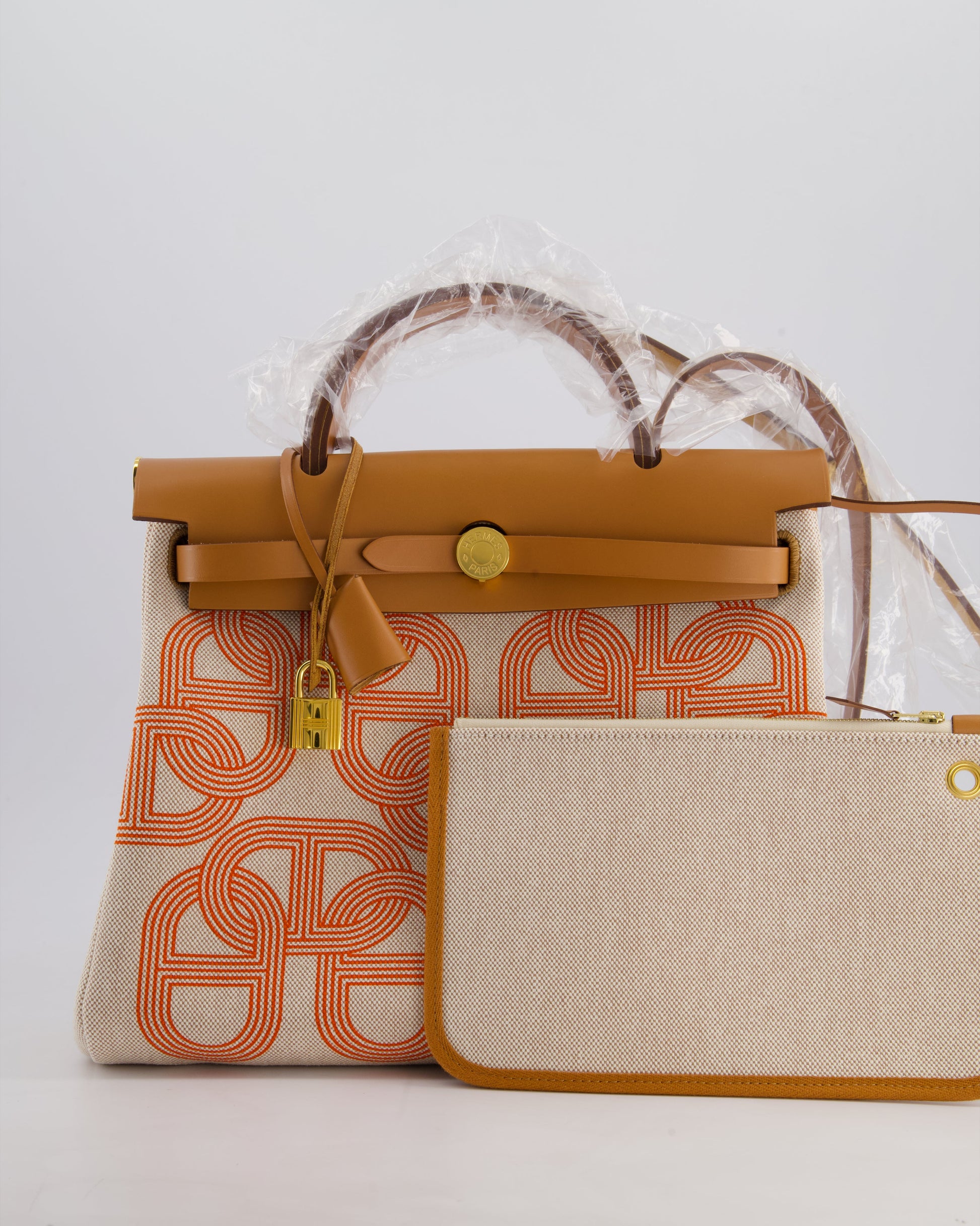 Hermes Herbag Zip Retourne 31 Chaine D'Ancre Bag in Orange Mécano & Ecru Quadrille Toille Canvas, Natural Hunter Leather with Gold Hardware